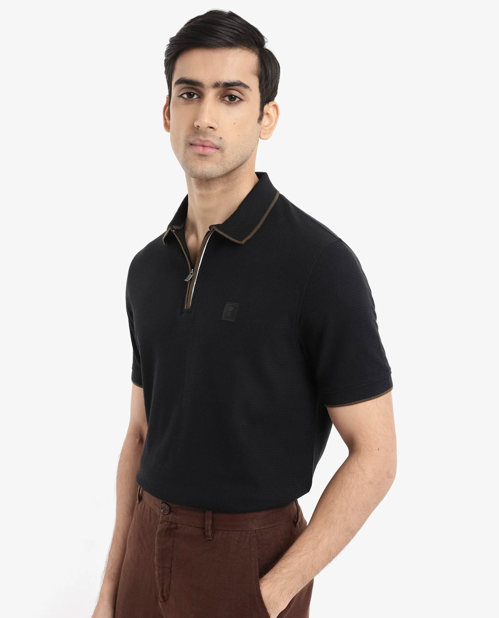 Rare Rabbit Men's Burrow Black Cotton Plain Regular Fit Half Sleeve Polo - Image 8