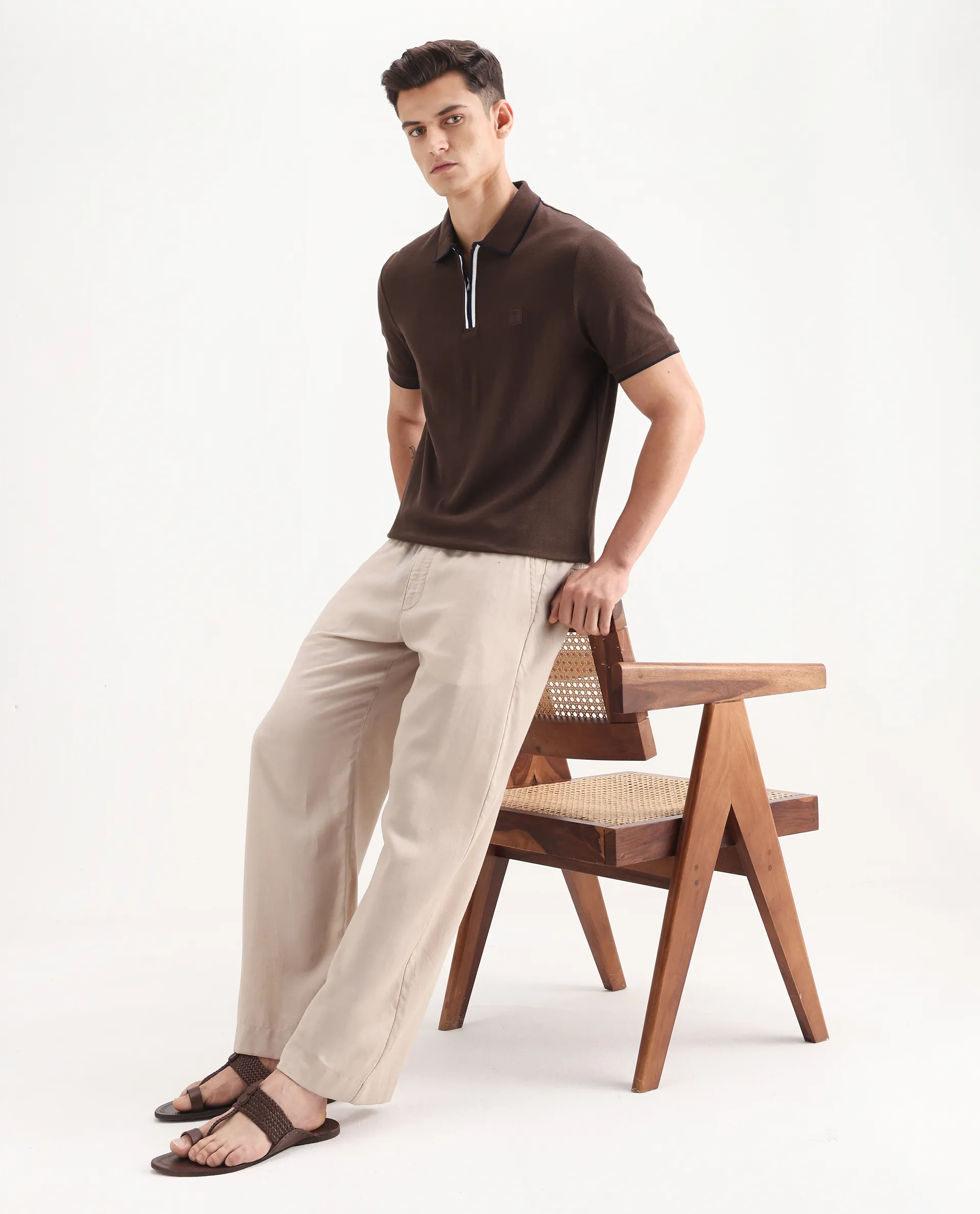 Rare Rabbit Men's Burrow Brown Cotton Plain Regular Fit Half Sleeve Polo - Image 2