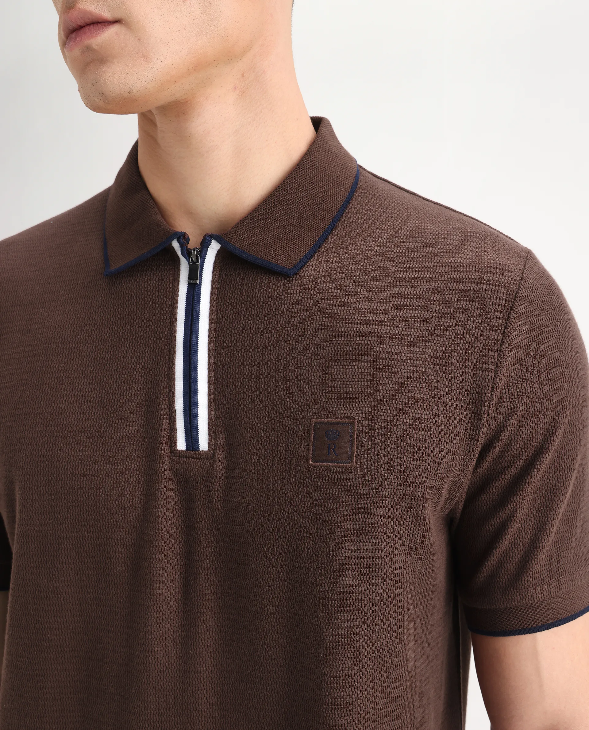 Rare Rabbit Men's Burrow Brown Cotton Plain Regular Fit Half Sleeve Polo - Image 3