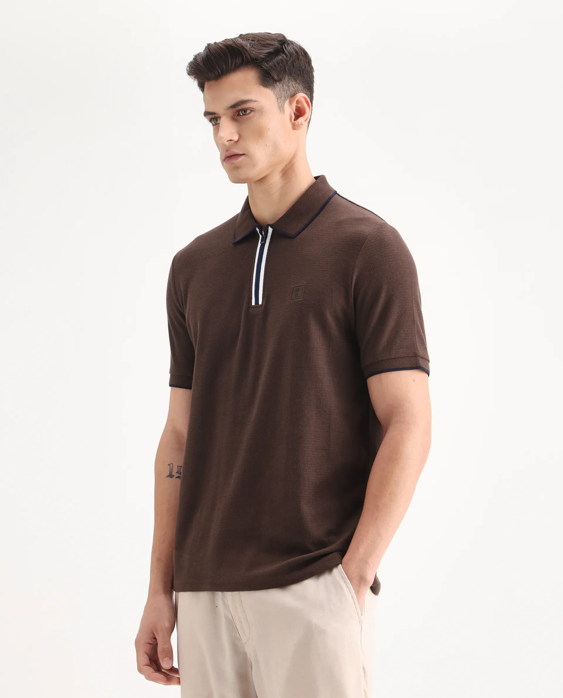 Rare Rabbit Men's Burrow Brown Cotton Plain Regular Fit Half Sleeve Polo - Image 4