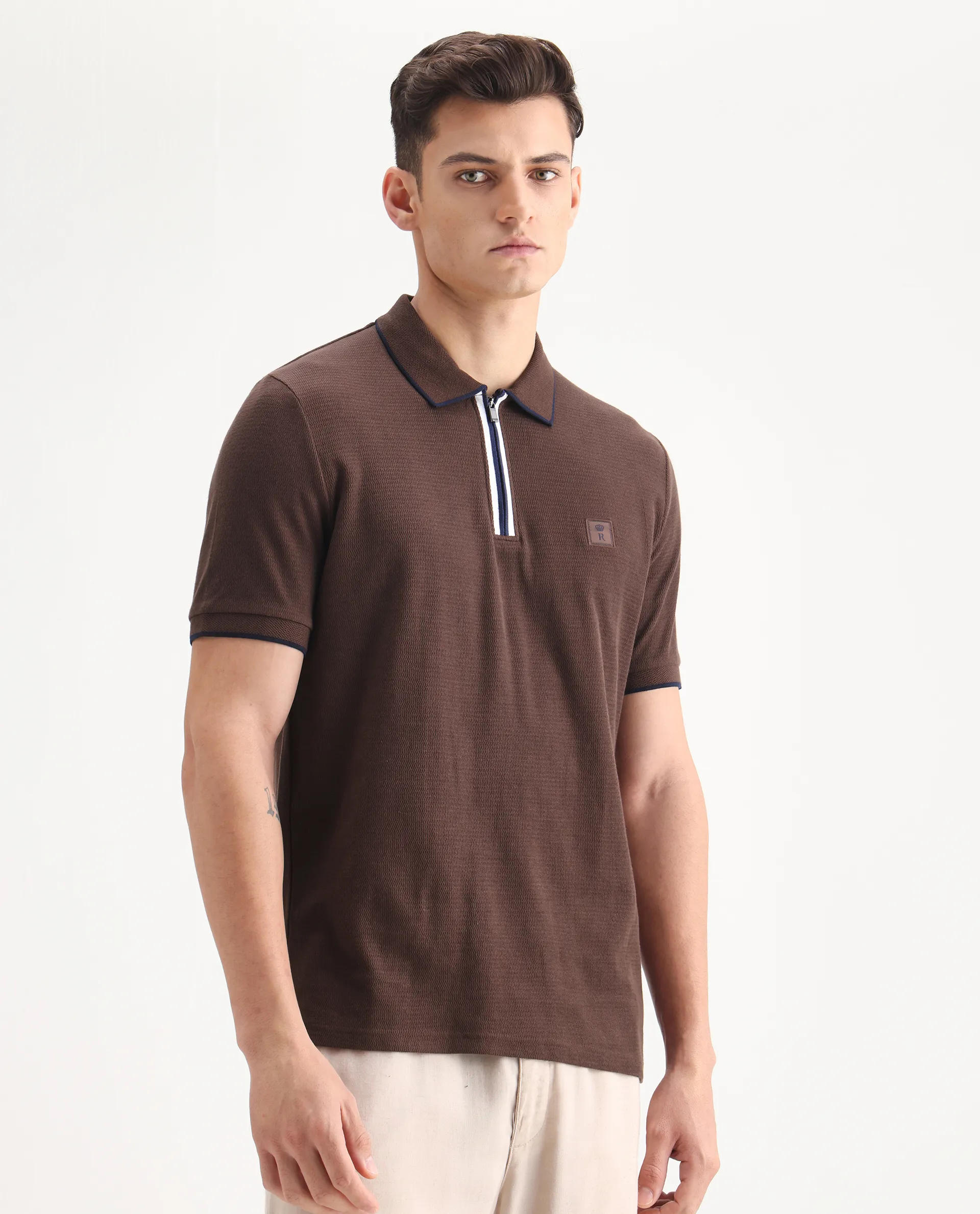 Rare Rabbit Men's Burrow Brown Cotton Plain Regular Fit Half Sleeve Polo - Image 5