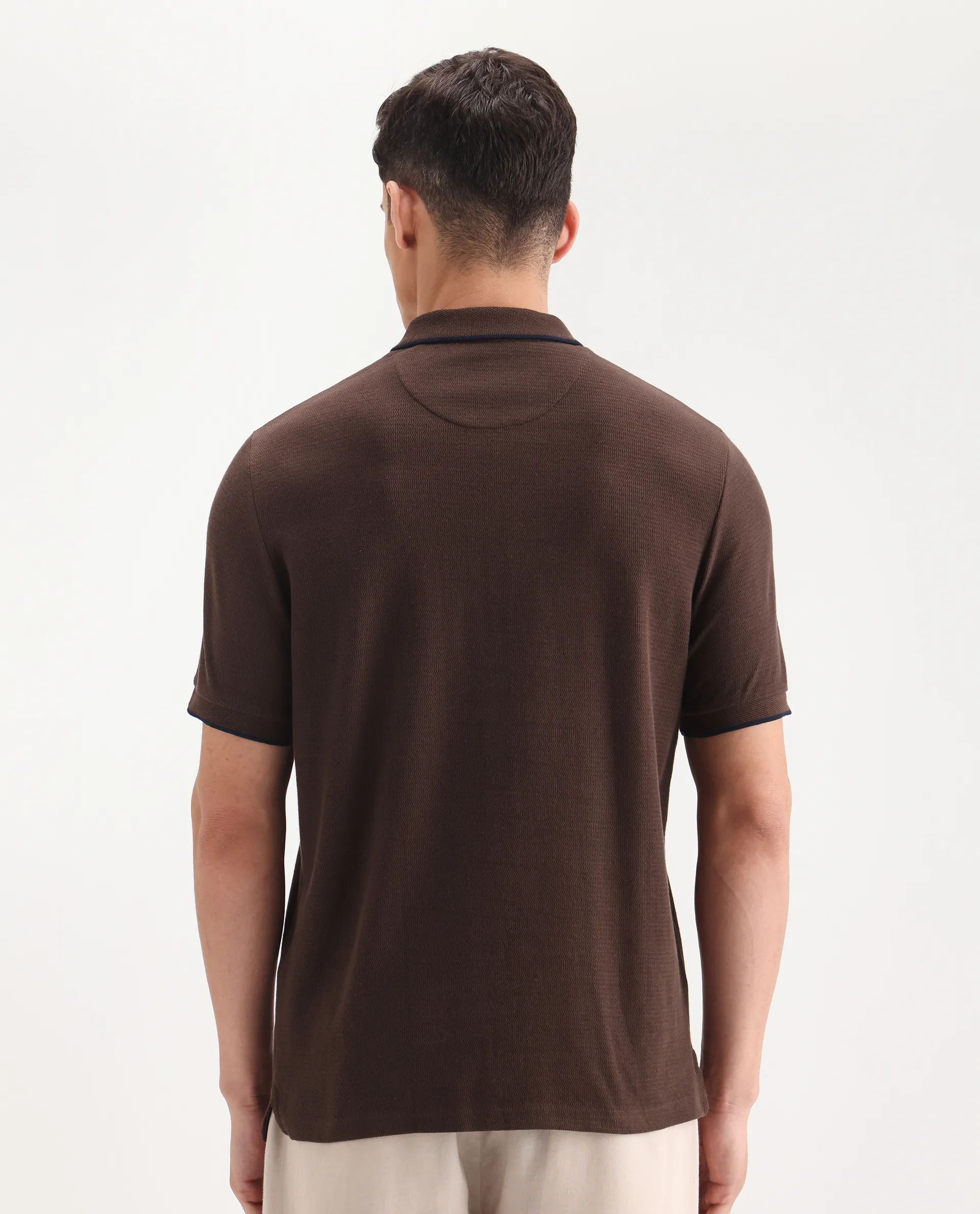 Rare Rabbit Men's Burrow Brown Cotton Plain Regular Fit Half Sleeve Polo - Image 6