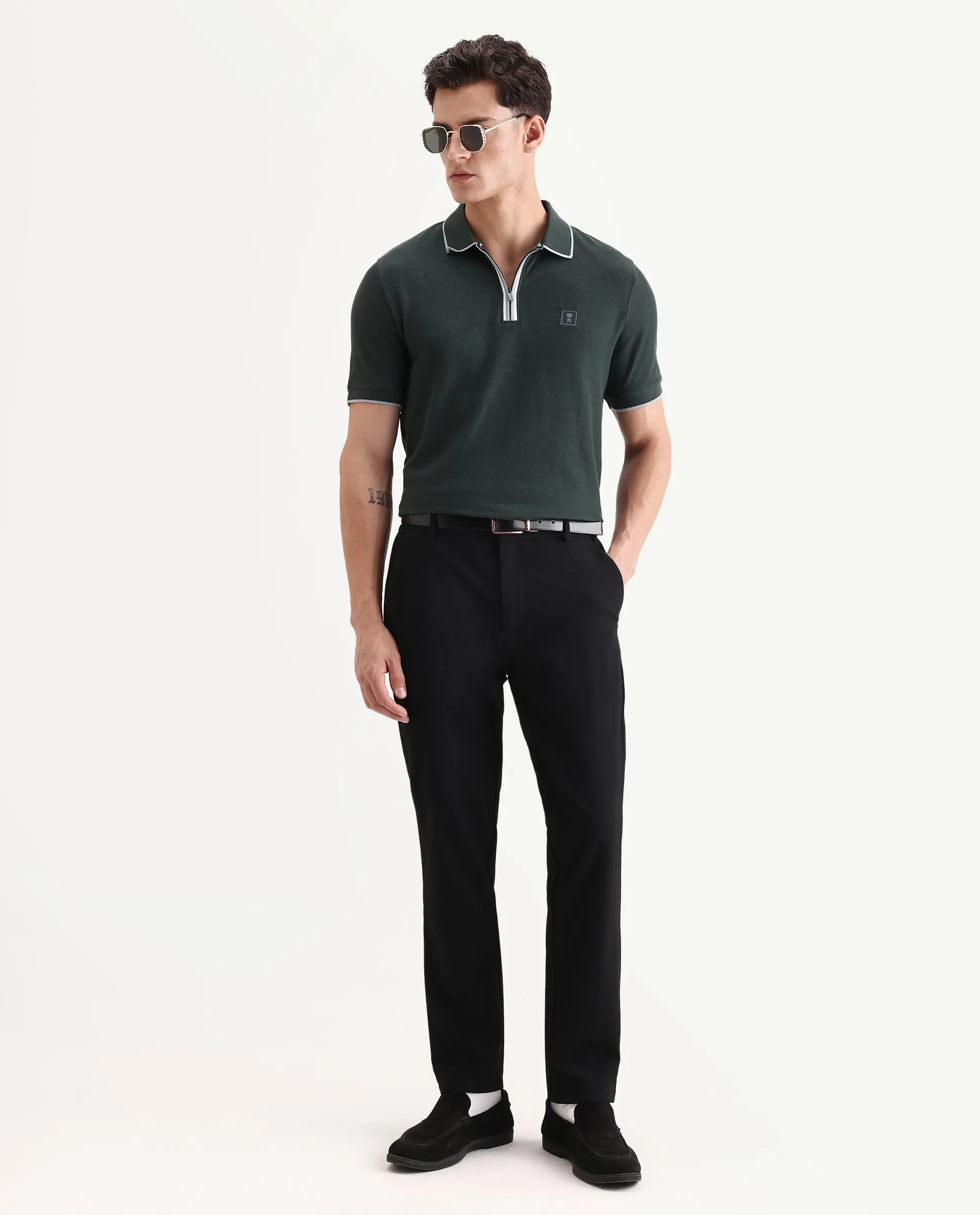 Rare Rabbit Men's Burrow Dark Green Cotton Plain Regular Fit Half Sleeve Polo - Image 2