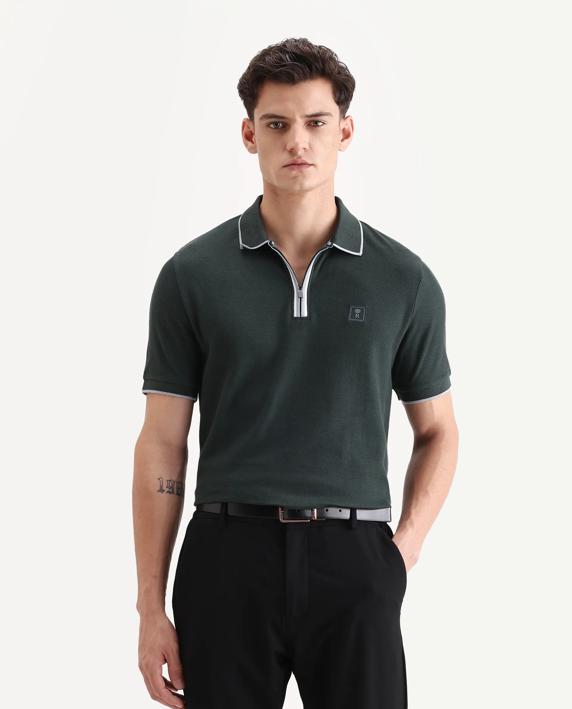 Rare Rabbit Men's Burrow Dark Green Cotton Plain Regular Fit Half Sleeve Polo - Image 4