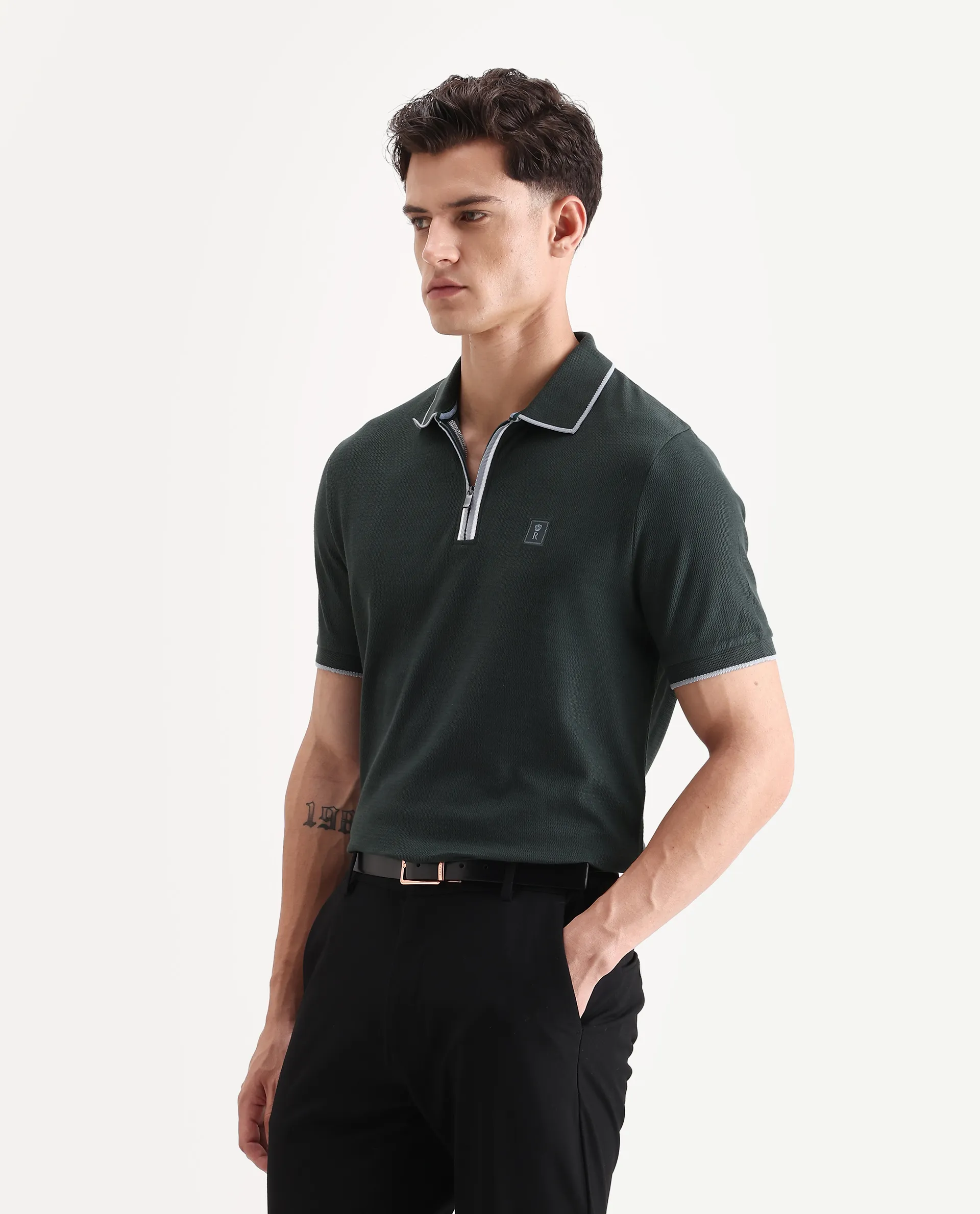Rare Rabbit Men's Burrow Dark Green Cotton Plain Regular Fit Half Sleeve Polo - Image 5