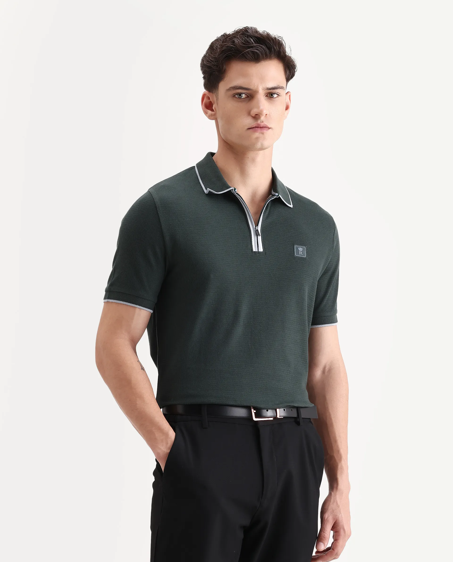 Rare Rabbit Men's Burrow Dark Green Cotton Plain Regular Fit Half Sleeve Polo - Image 6