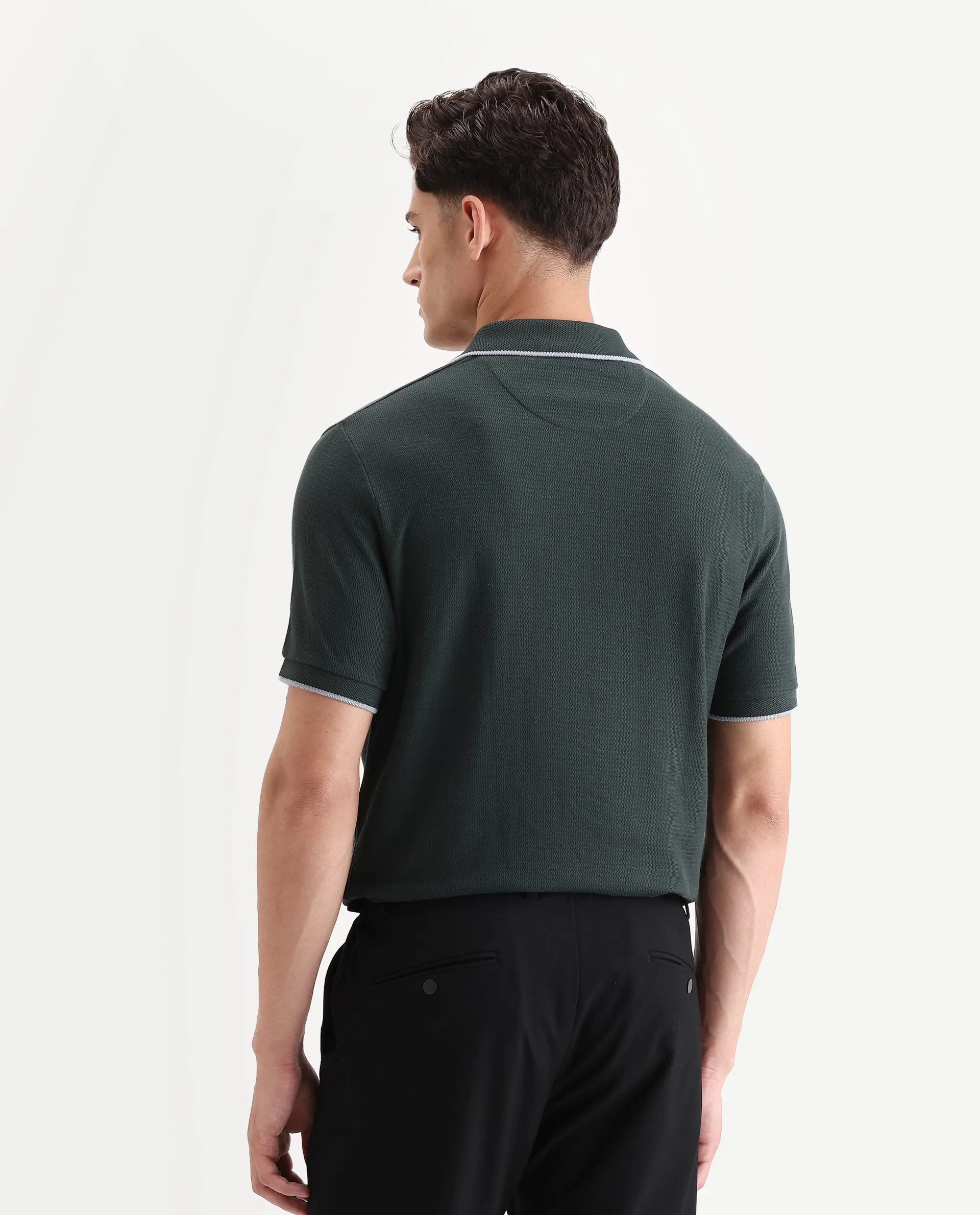Rare Rabbit Men's Burrow Dark Green Cotton Plain Regular Fit Half Sleeve Polo - Image 7