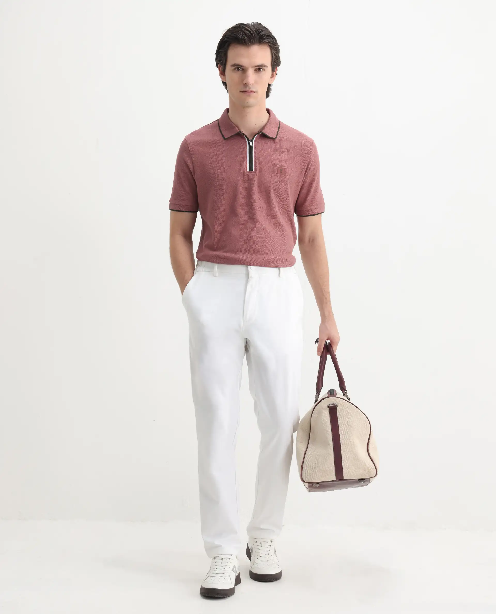 Rare Rabbit Men's Burrow Dusky Pink Cotton Plain Regular Fit Half Sleeve Polo - Image 2