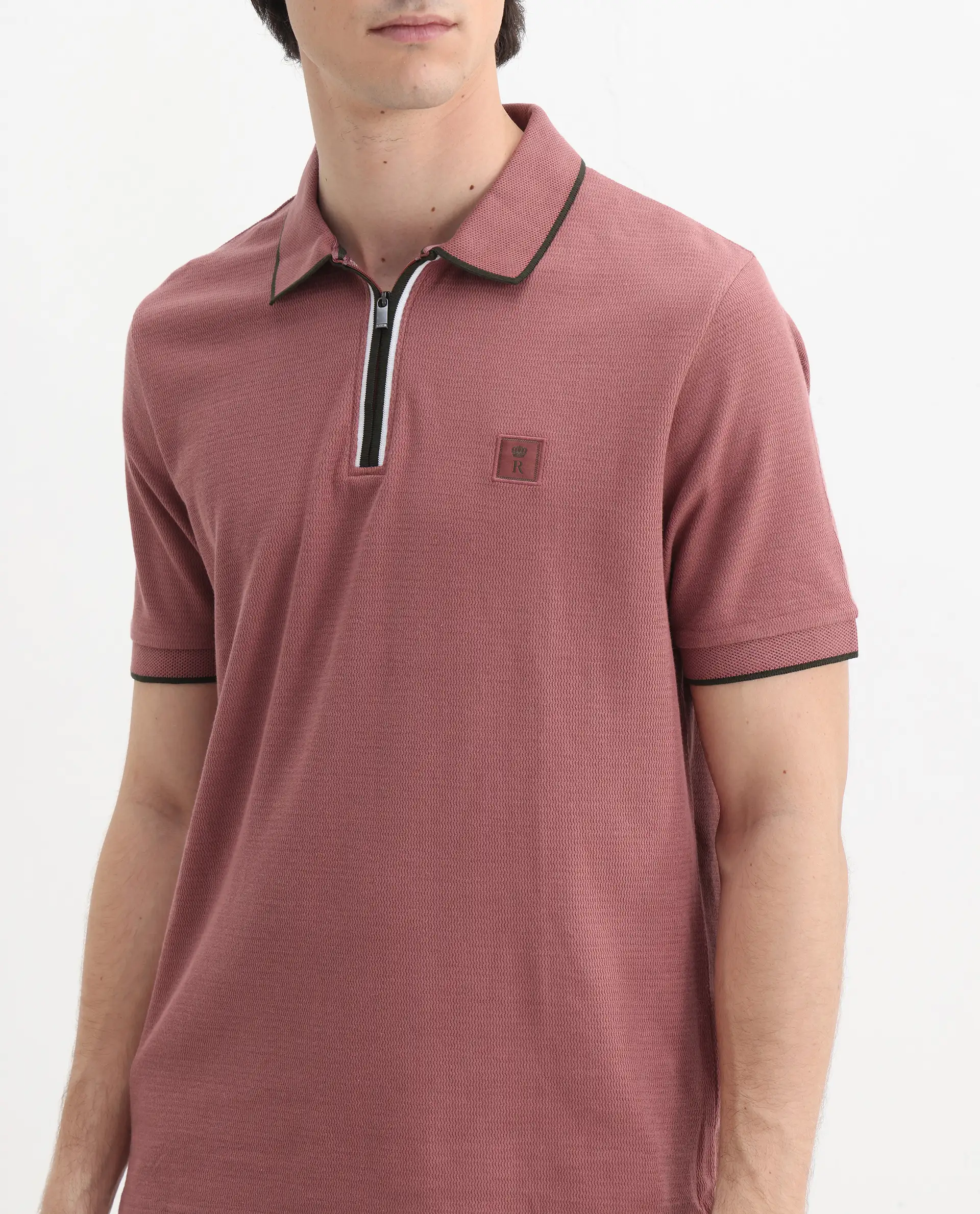 Rare Rabbit Men's Burrow Dusky Pink Cotton Plain Regular Fit Half Sleeve Polo - Image 3