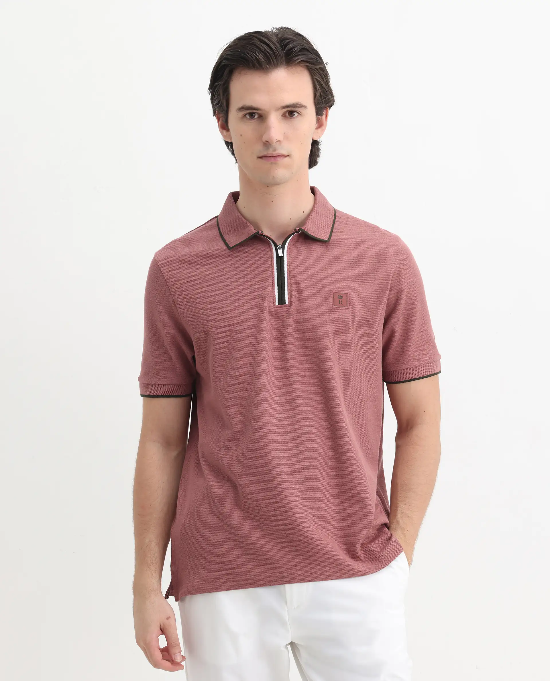 Rare Rabbit Men's Burrow Dusky Pink Cotton Plain Regular Fit Half Sleeve Polo - Image 4