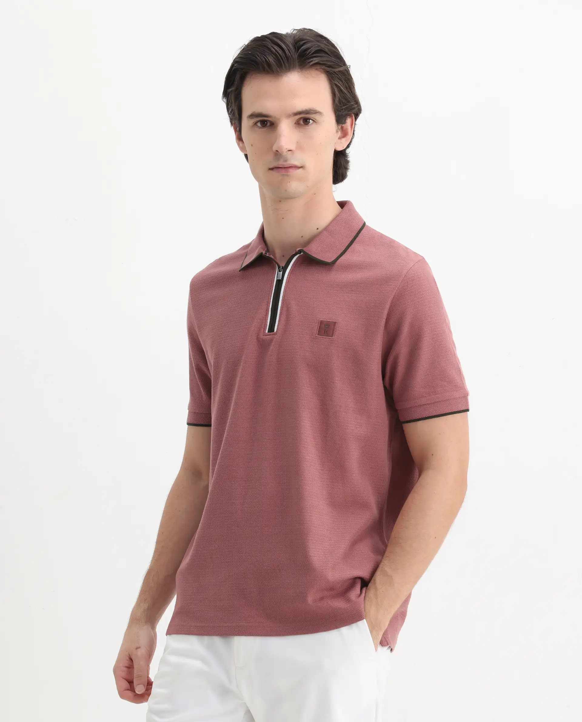 Rare Rabbit Men's Burrow Dusky Pink Cotton Plain Regular Fit Half Sleeve Polo - Image 5