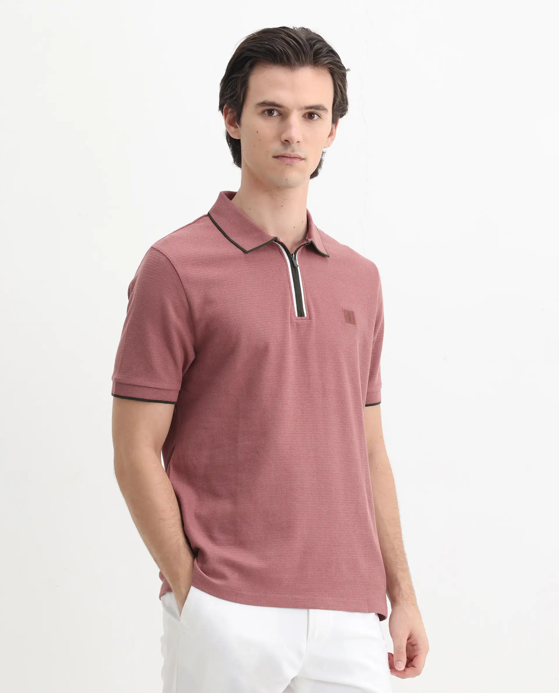 Rare Rabbit Men's Burrow Dusky Pink Cotton Plain Regular Fit Half Sleeve Polo - Image 6