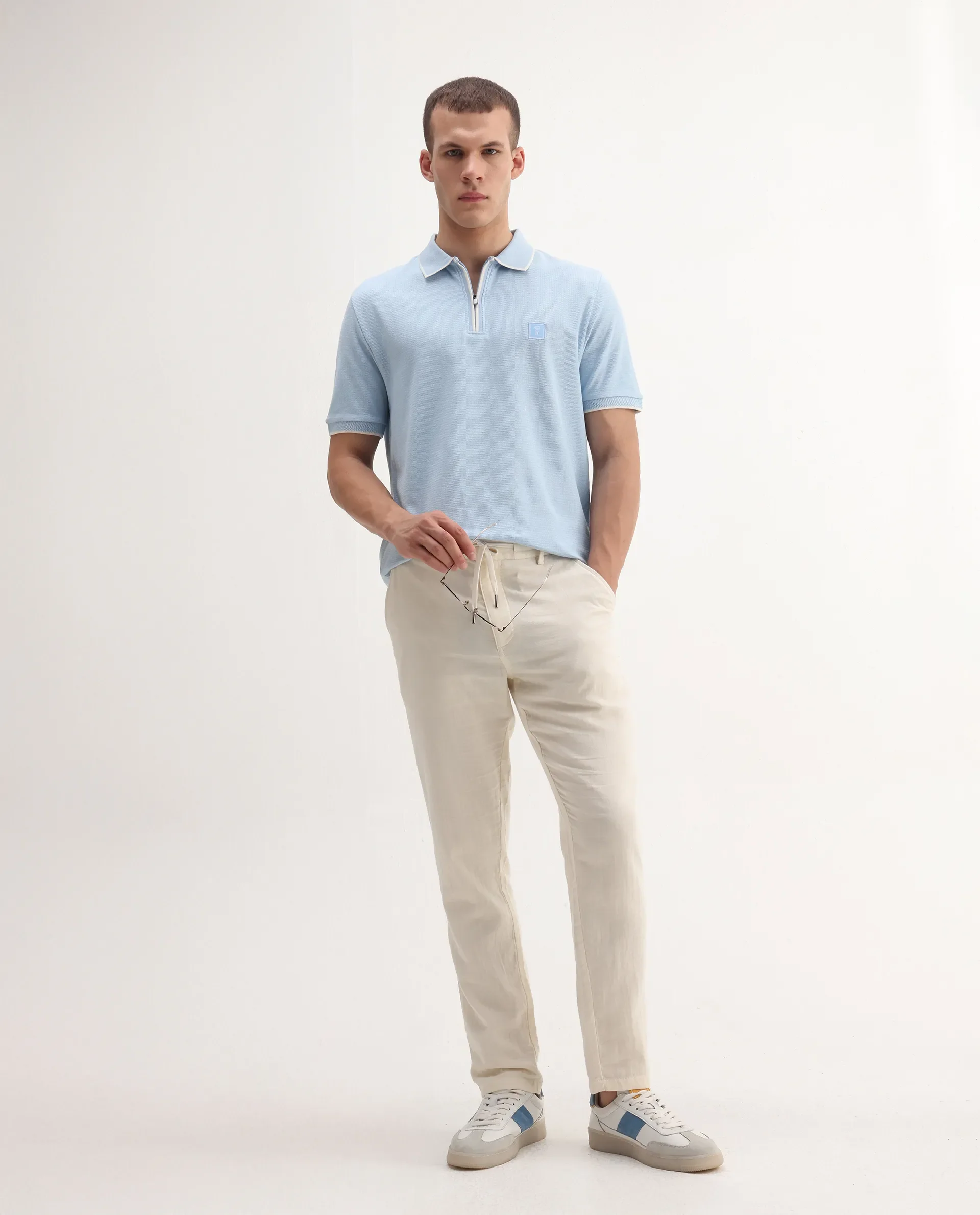 Rare Rabbit Men's Burrow Light Blue Cotton Plain Regular Fit Half Sleeve Polo - Image 2