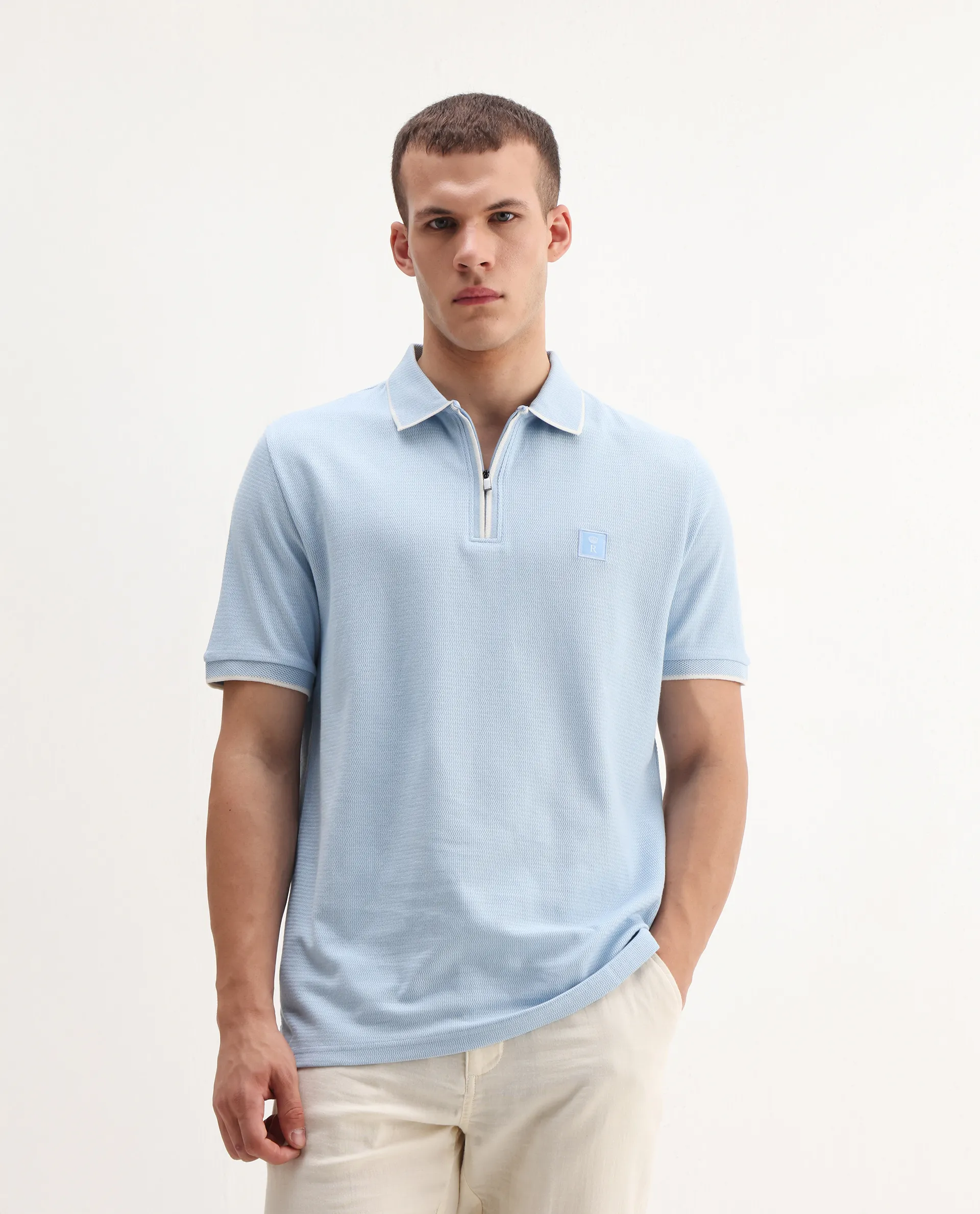 Rare Rabbit Men's Burrow Light Blue Cotton Plain Regular Fit Half Sleeve Polo - Image 4