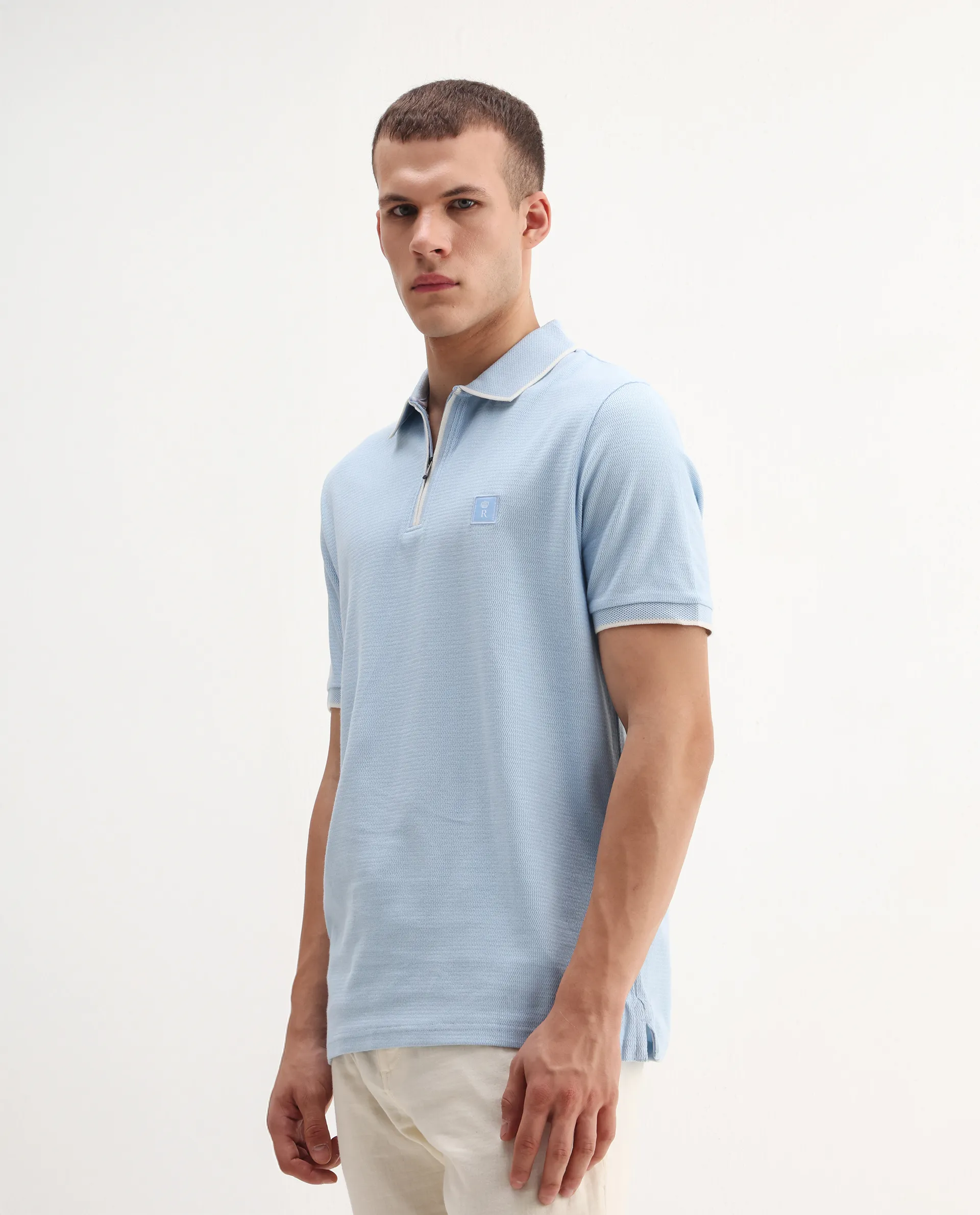 Rare Rabbit Men's Burrow Light Blue Cotton Plain Regular Fit Half Sleeve Polo - Image 5