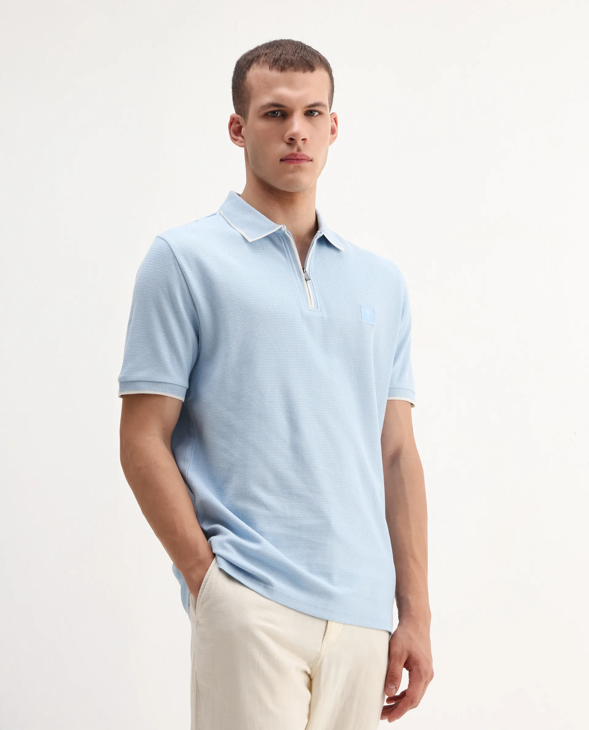 Rare Rabbit Men's Burrow Light Blue Cotton Plain Regular Fit Half Sleeve Polo - Image 6