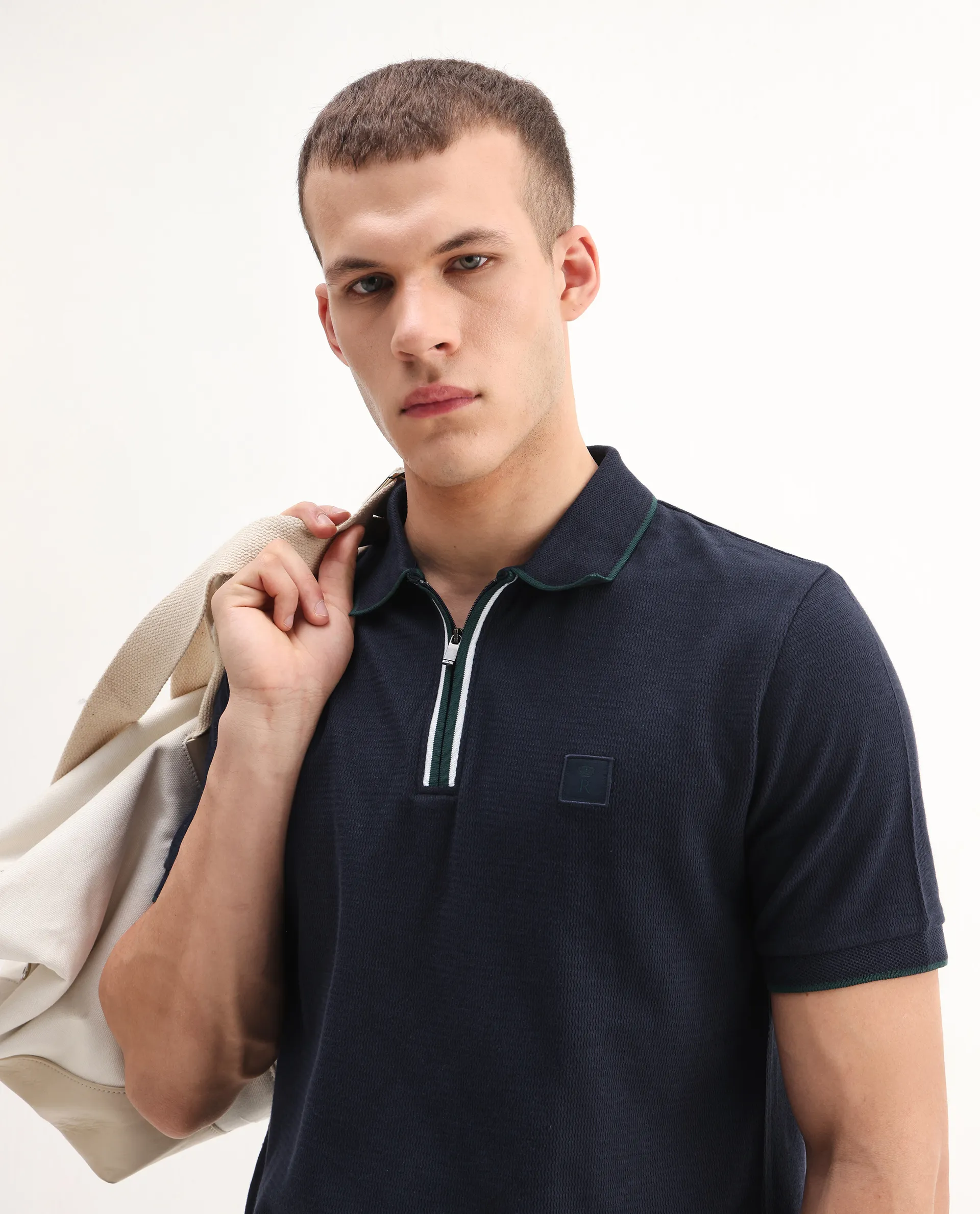 Rare Rabbit Men's Burrow Navy Cotton Plain Regular Fit Half Sleeve Polo