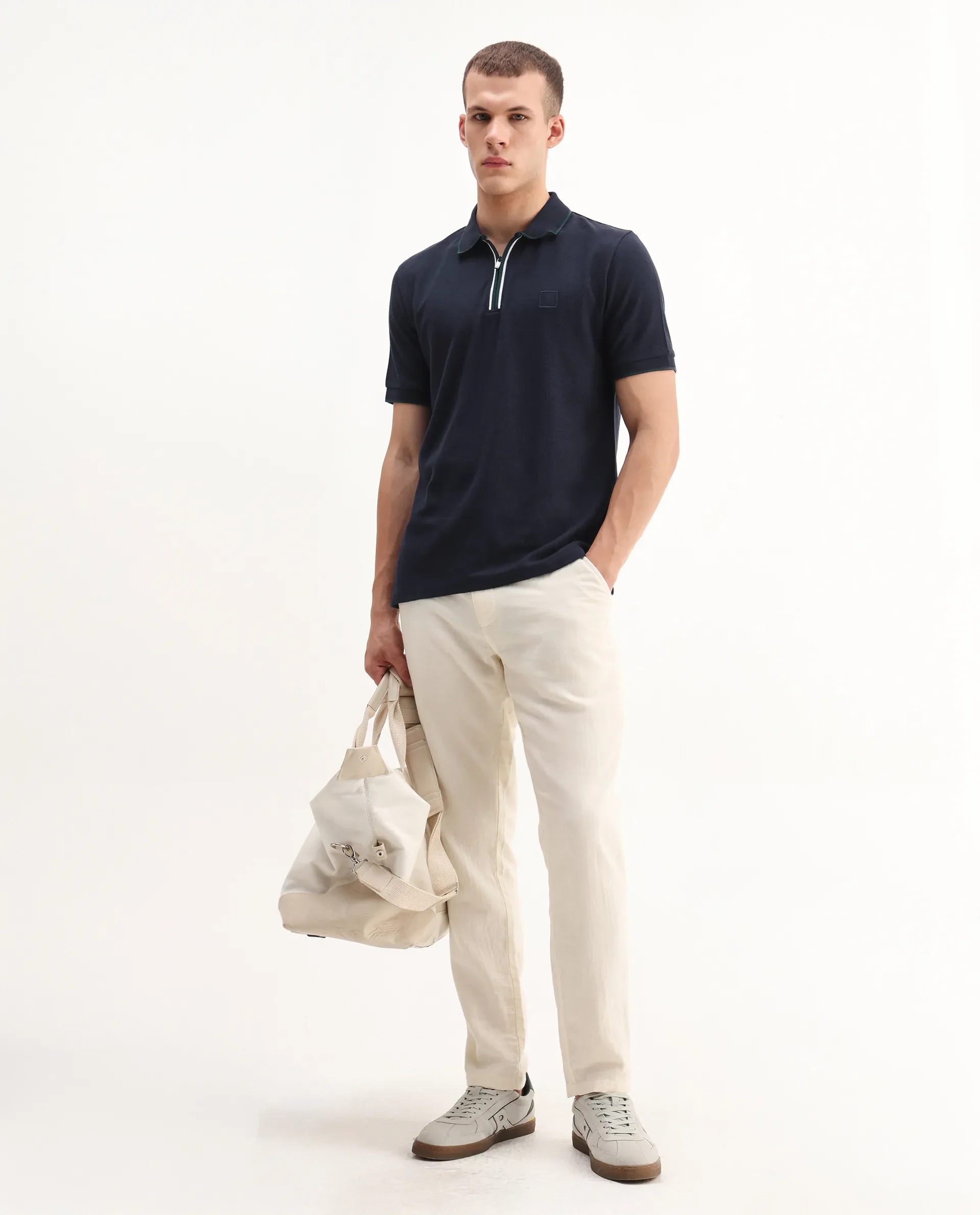 Rare Rabbit Men's Burrow Navy Cotton Plain Regular Fit Half Sleeve Polo - Image 2