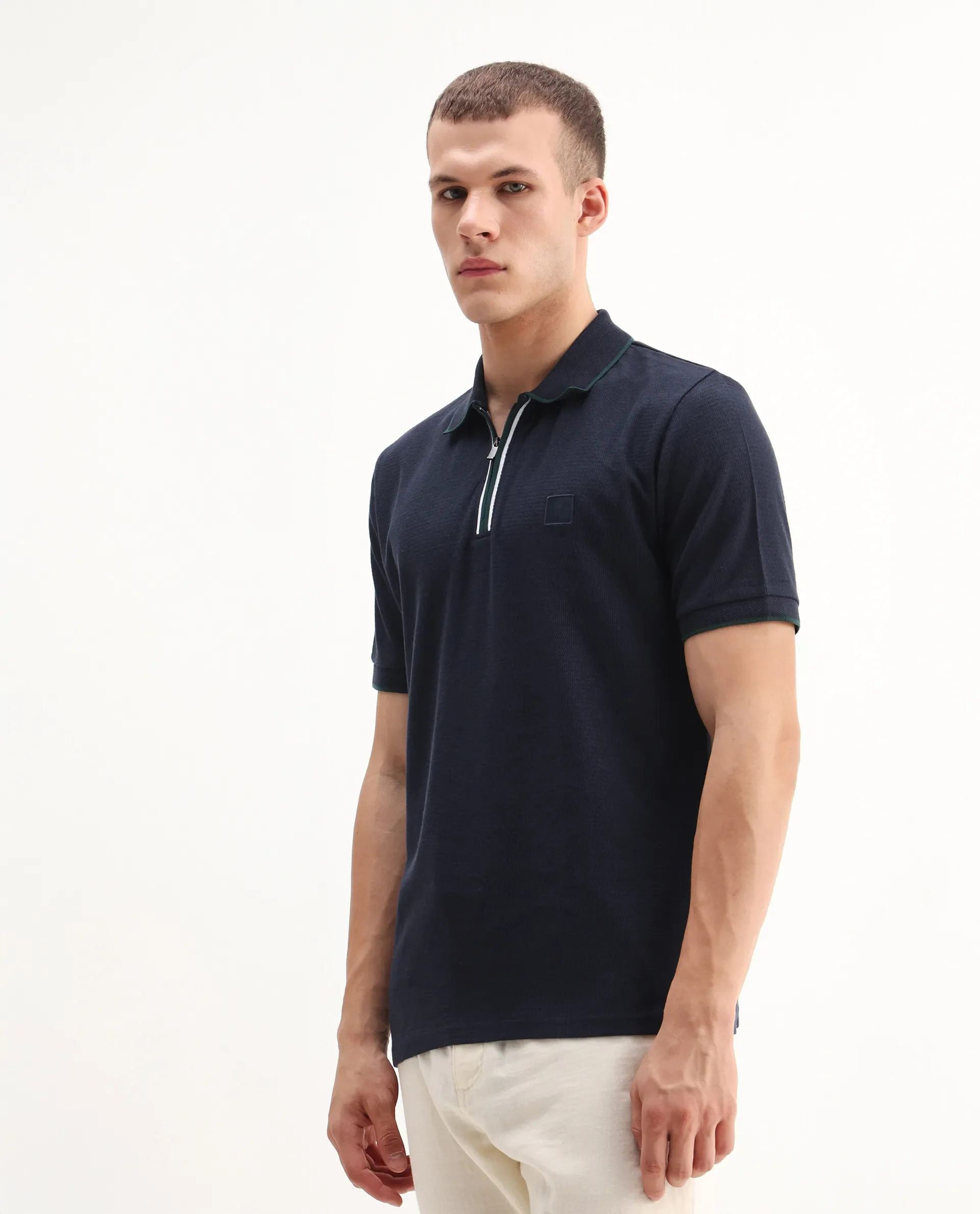 Rare Rabbit Men's Burrow Navy Cotton Plain Regular Fit Half Sleeve Polo - Image 4