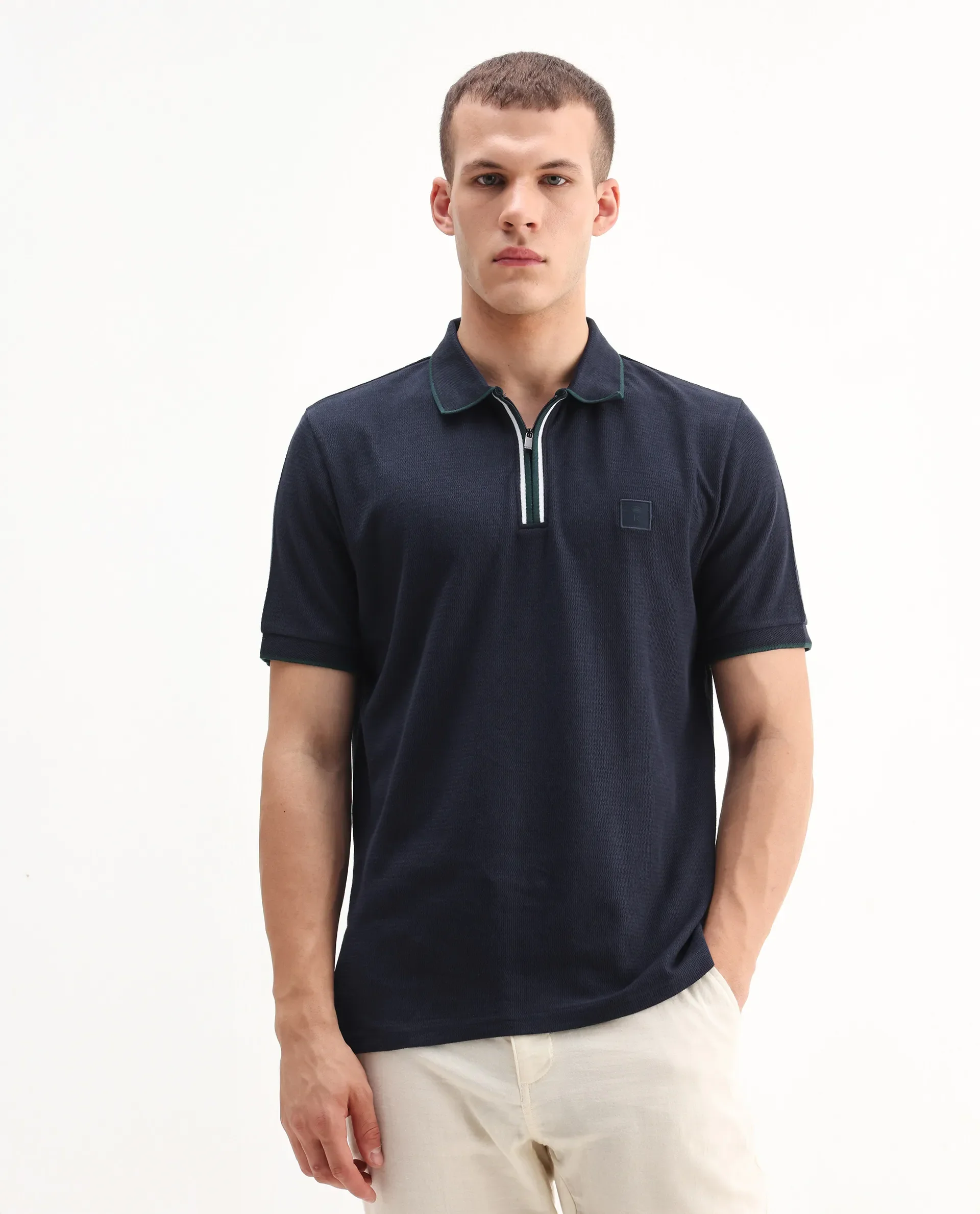 Rare Rabbit Men's Burrow Navy Cotton Plain Regular Fit Half Sleeve Polo - Image 5