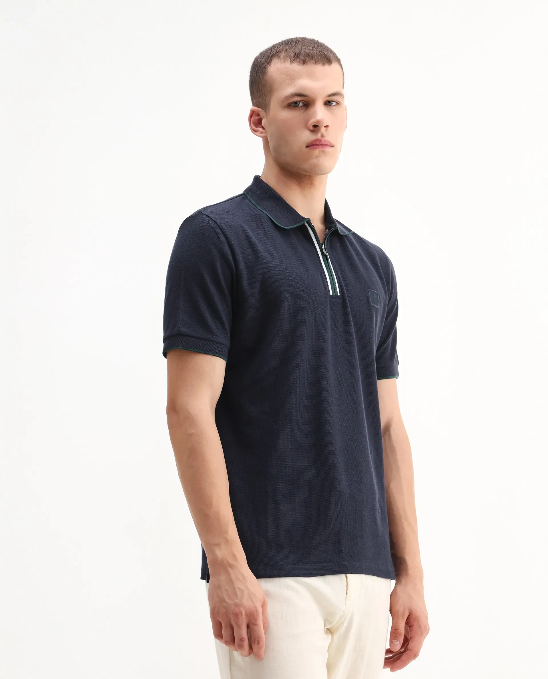 Rare Rabbit Men's Burrow Navy Cotton Plain Regular Fit Half Sleeve Polo - Image 6