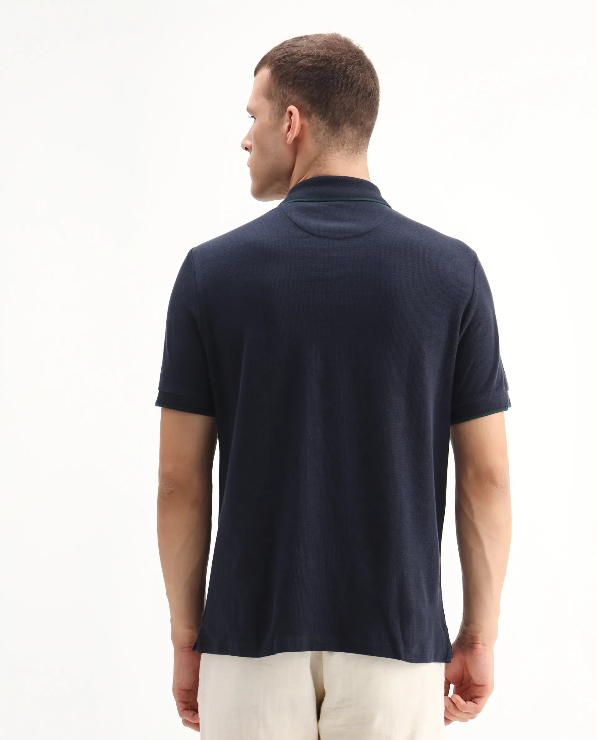 Rare Rabbit Men's Burrow Navy Cotton Plain Regular Fit Half Sleeve Polo - Image 7