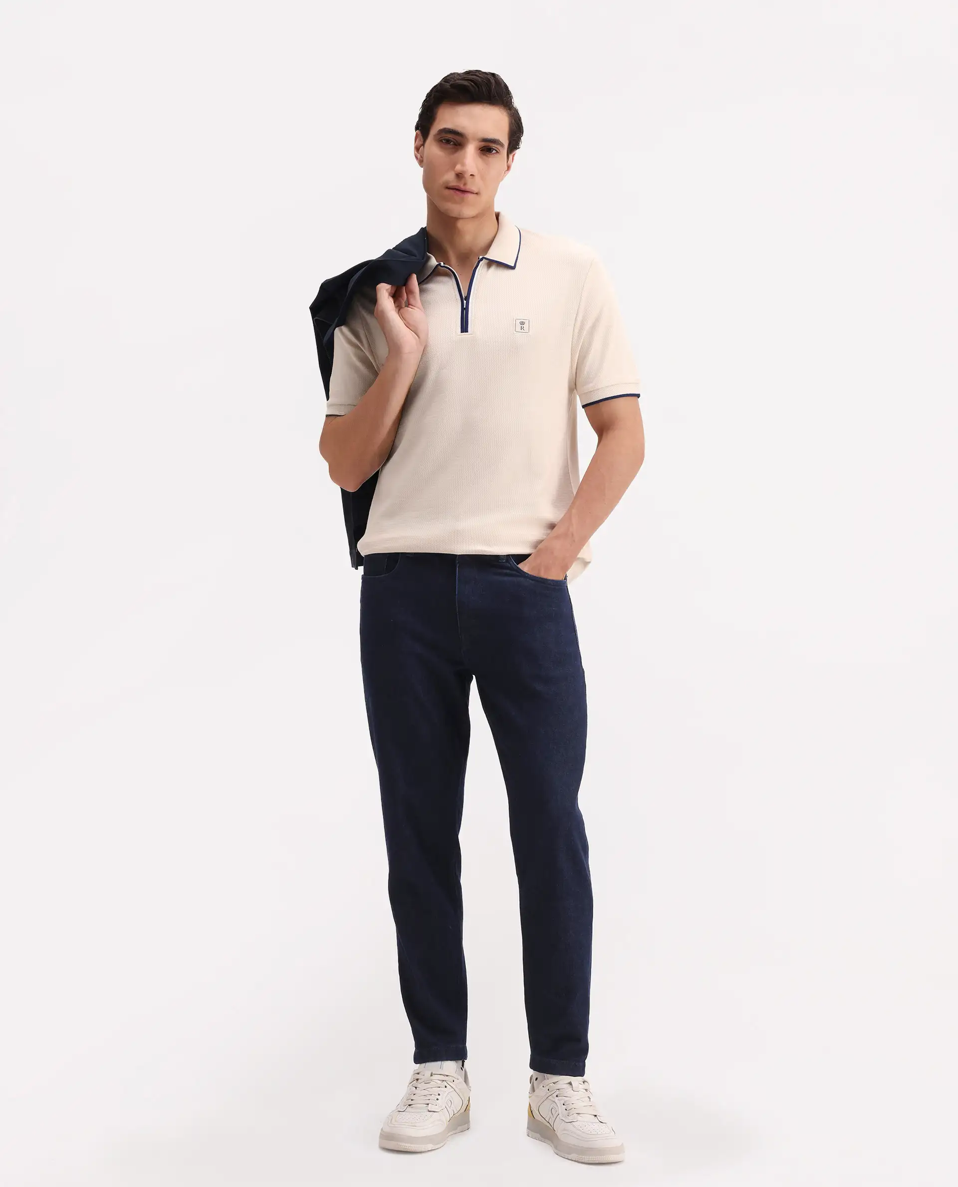 Rare Rabbit Men's Burrow Off White Cotton Plain Regular Fit Half Sleeve Polo - Image 2
