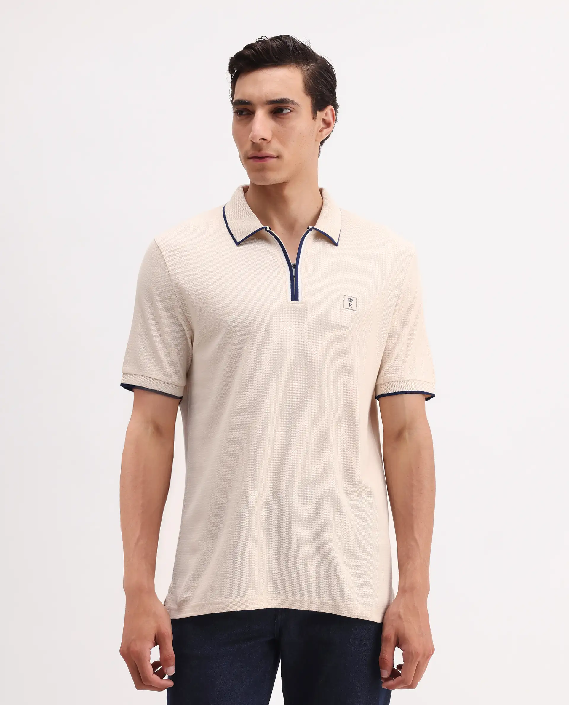 Rare Rabbit Men's Burrow Off White Cotton Plain Regular Fit Half Sleeve Polo - Image 3