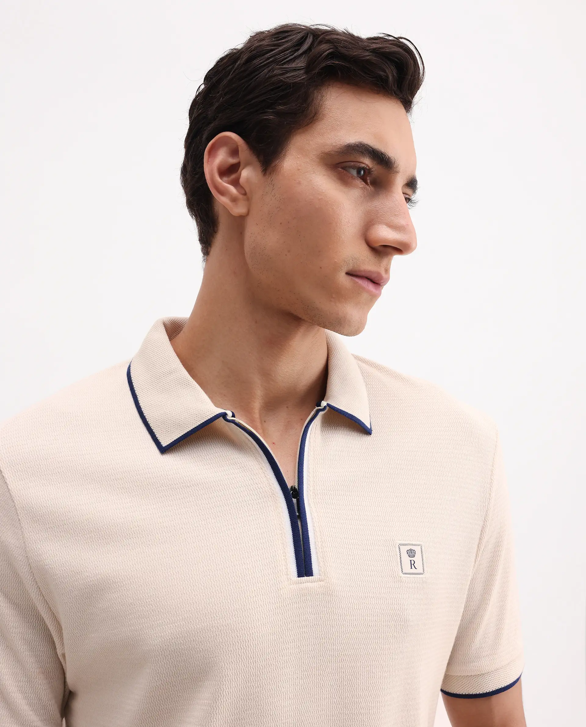 Rare Rabbit Men's Burrow Off White Cotton Plain Regular Fit Half Sleeve Polo - Image 4