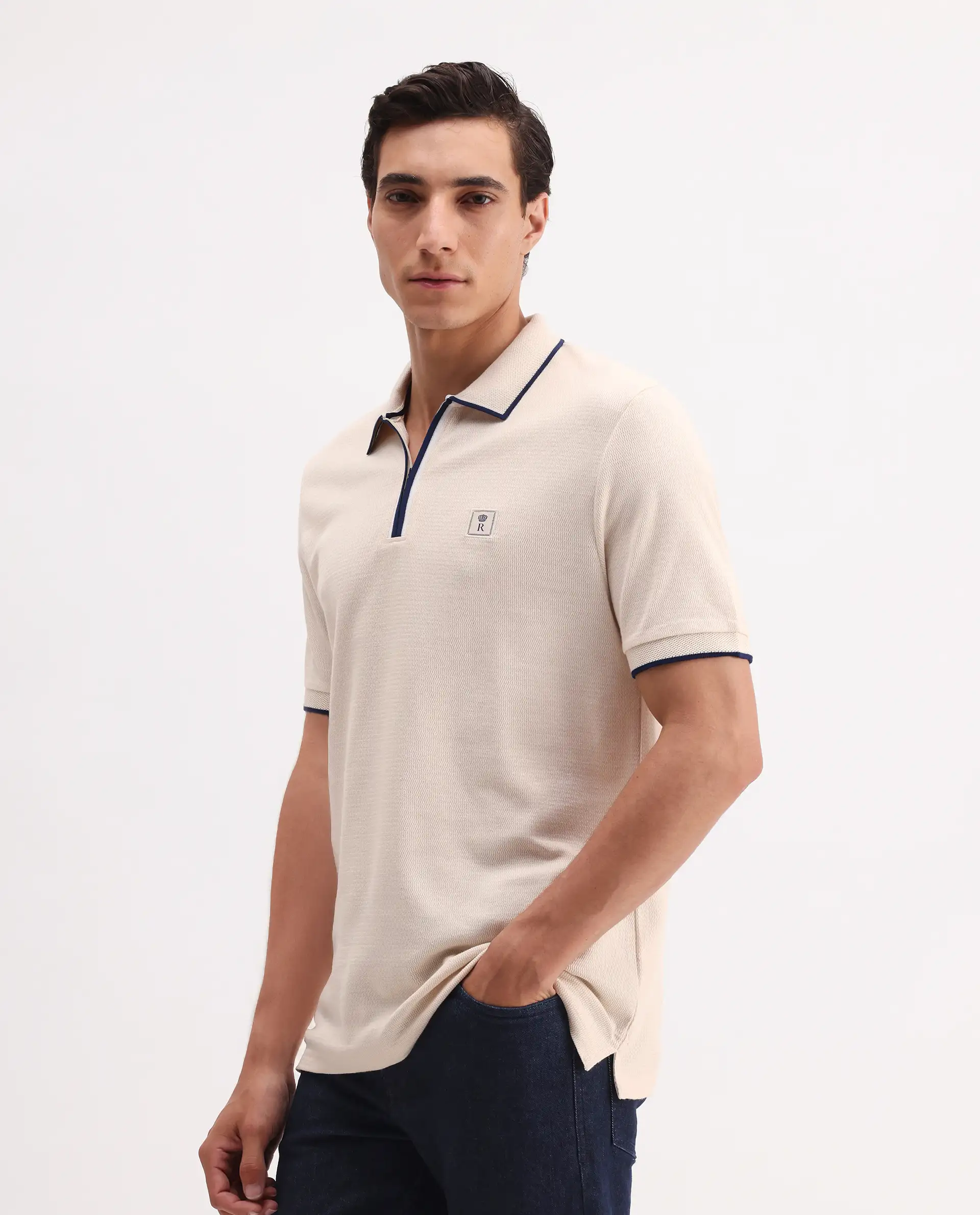 Rare Rabbit Men's Burrow Off White Cotton Plain Regular Fit Half Sleeve Polo - Image 5