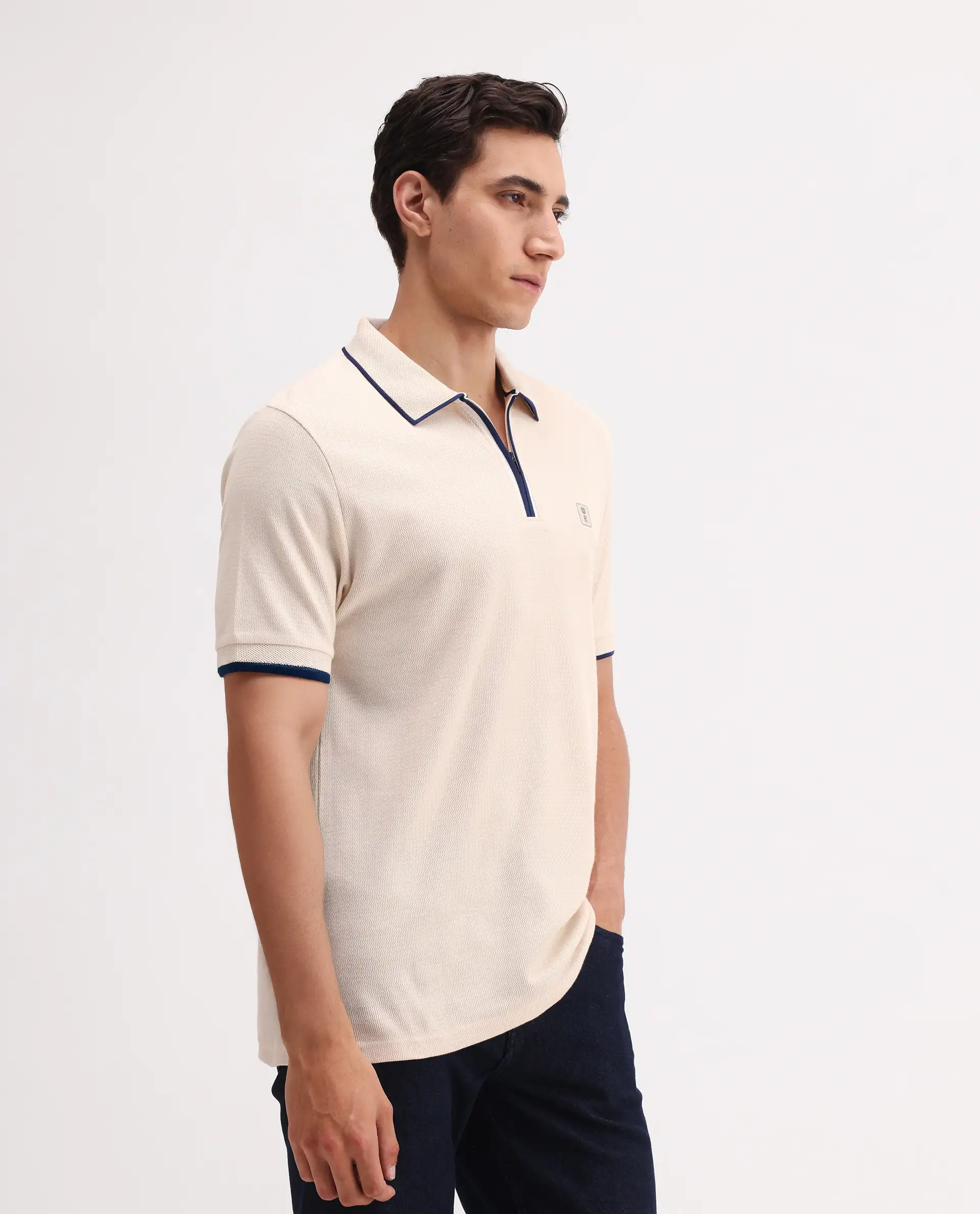 Rare Rabbit Men's Burrow Off White Cotton Plain Regular Fit Half Sleeve Polo - Image 6