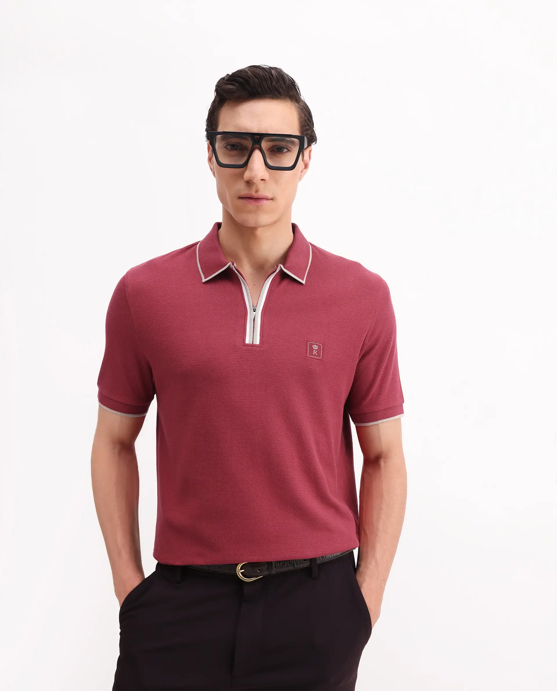 Rare Rabbit Men's Burrow Red Cotton Plain Regular Fit Half Sleeve Polo - Image 2