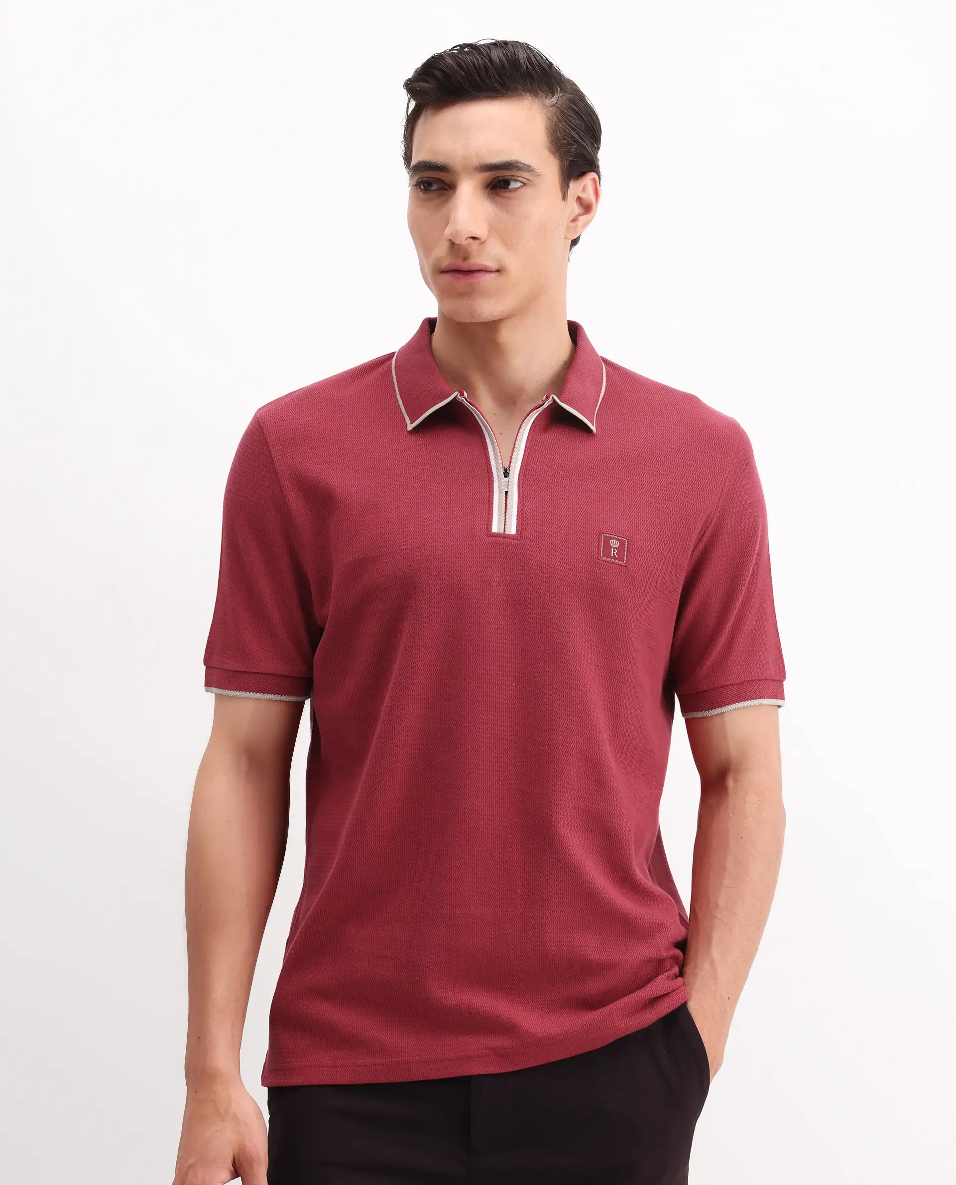 Rare Rabbit Men's Burrow Red Cotton Plain Regular Fit Half Sleeve Polo - Image 3