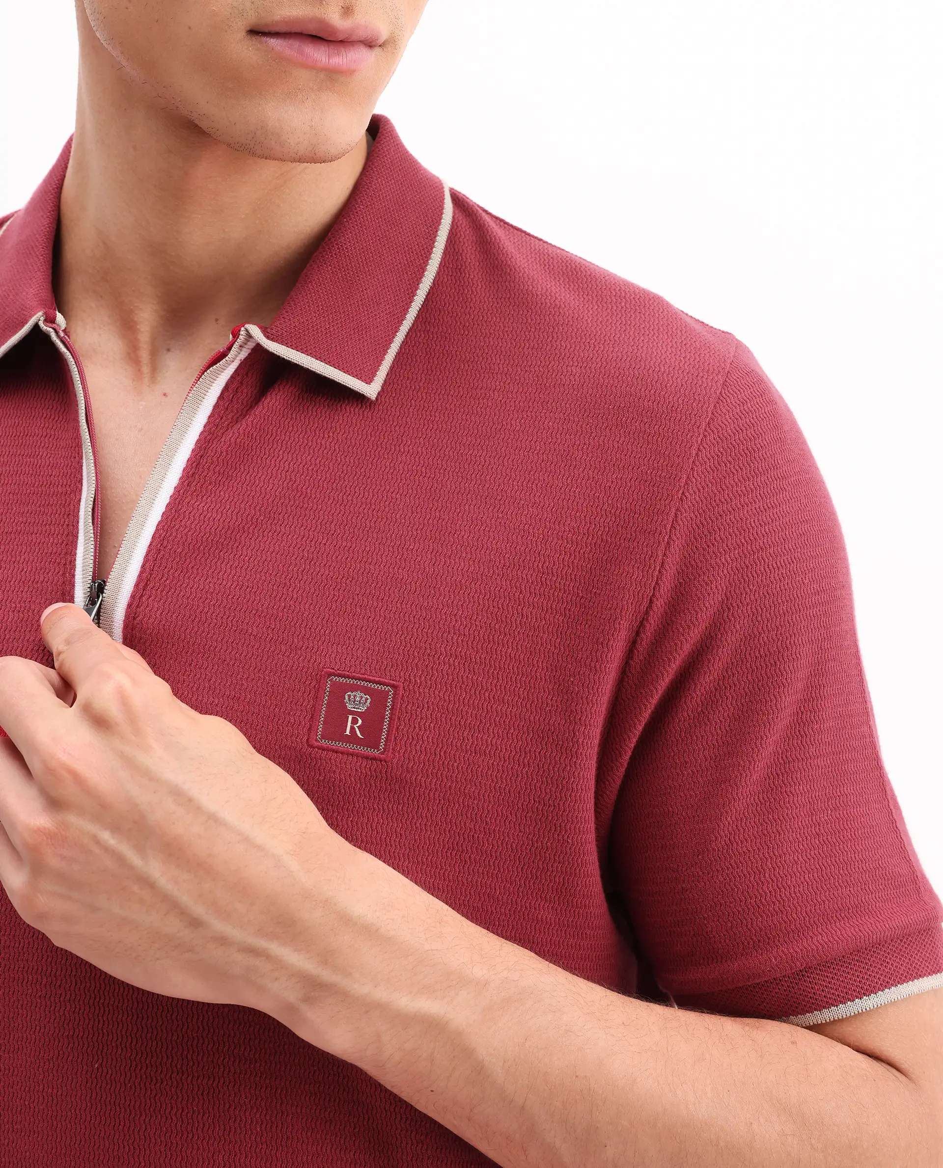 Rare Rabbit Men's Burrow Red Cotton Plain Regular Fit Half Sleeve Polo - Image 4
