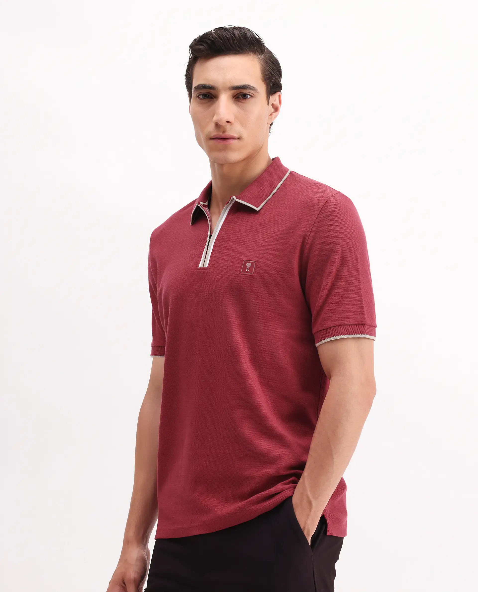 Rare Rabbit Men's Burrow Red Cotton Plain Regular Fit Half Sleeve Polo - Image 5