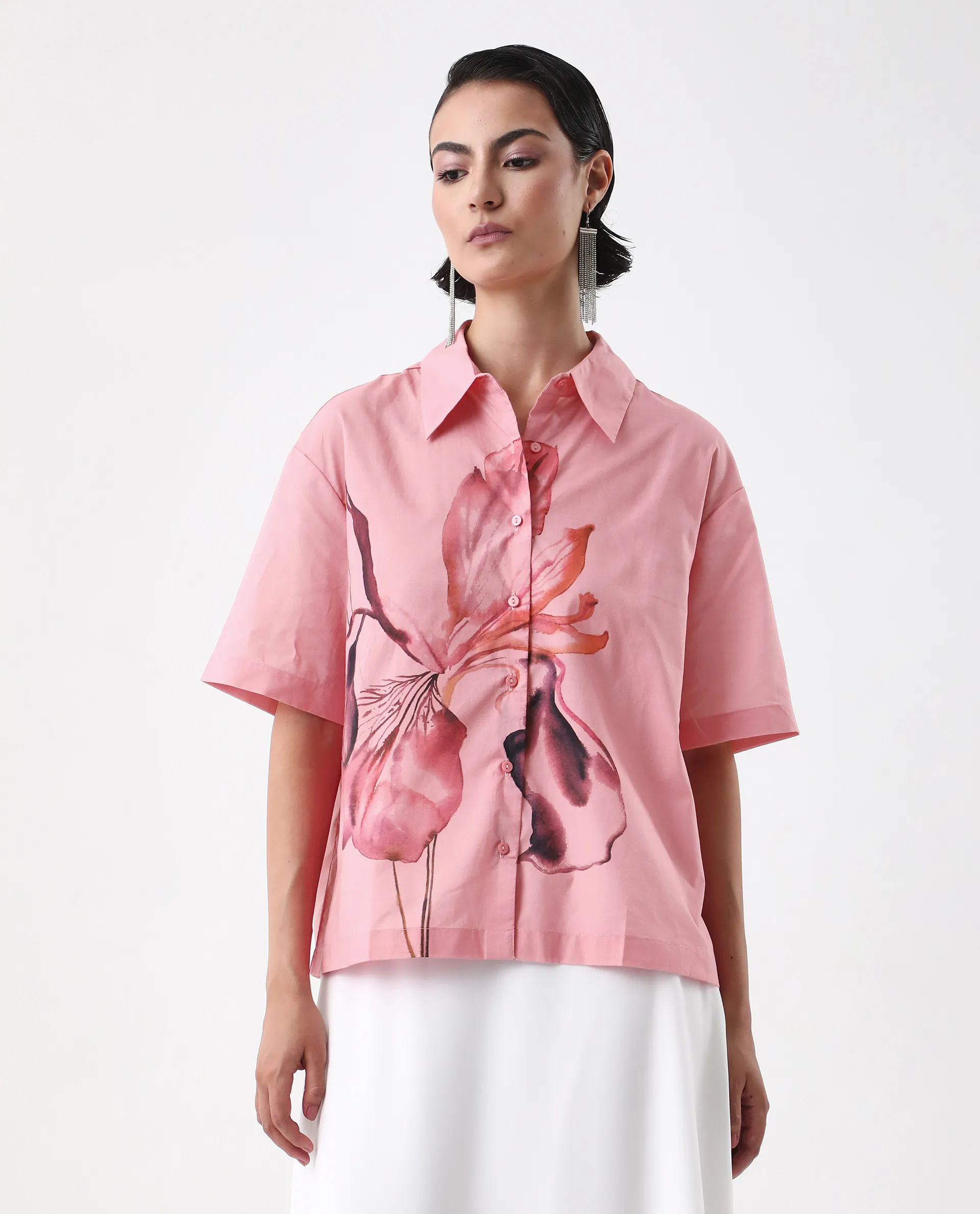Rareism Women's Businge Dusky Pink Cotton Spread Collar Abstract Print Boxy Fit Shirt - Image 2