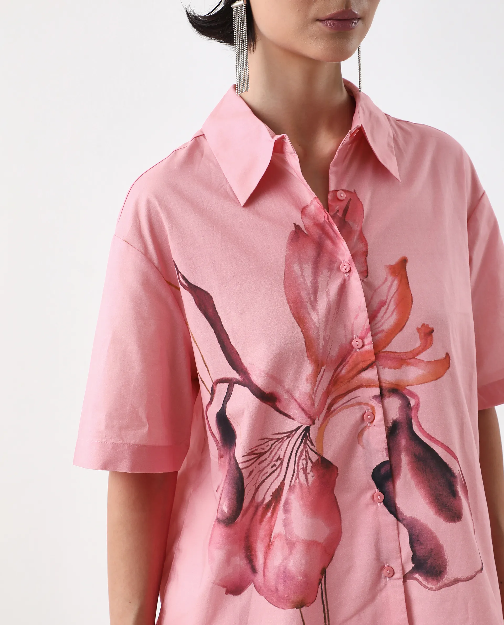Rareism Women's Businge Dusky Pink Cotton Spread Collar Abstract Print Boxy Fit Shirt - Image 3