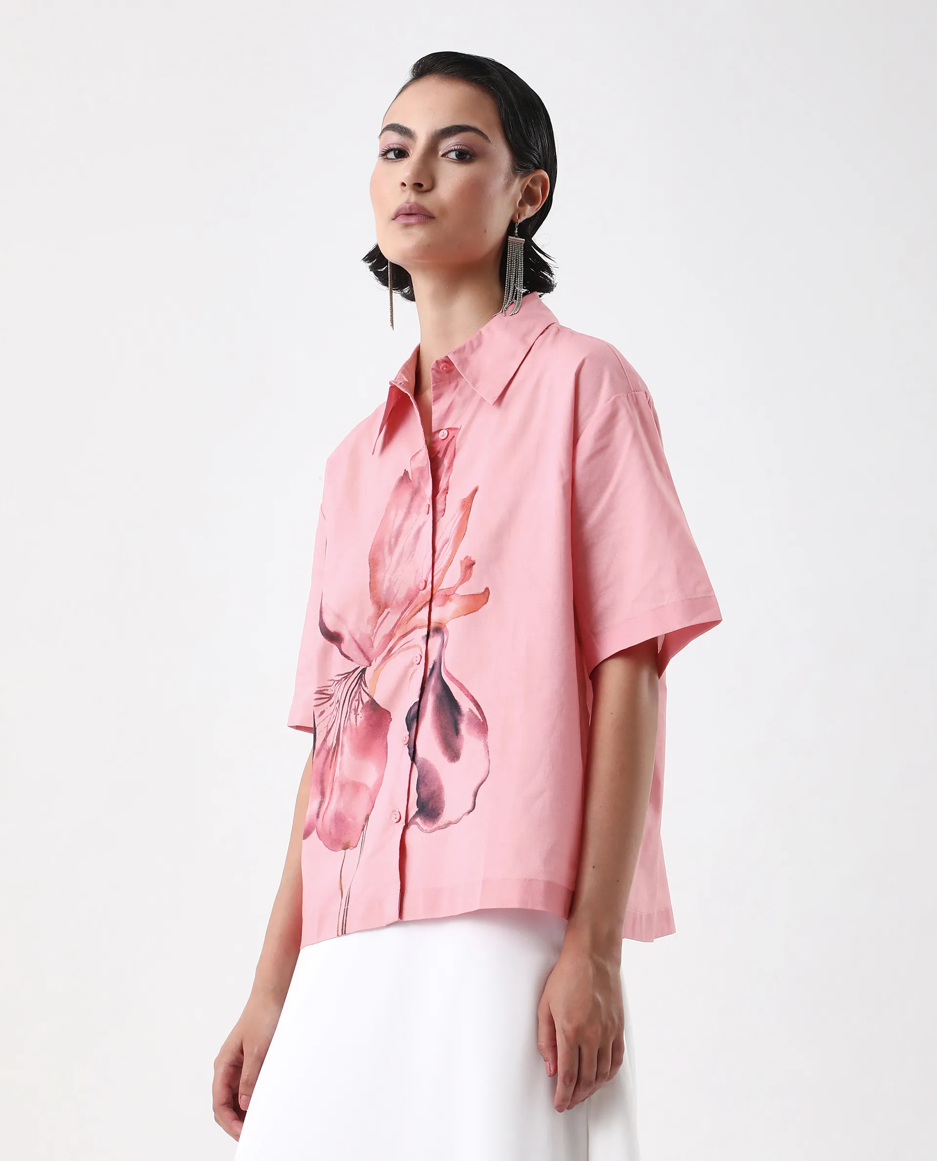 Rareism Women's Businge Dusky Pink Cotton Spread Collar Abstract Print Boxy Fit Shirt - Image 4