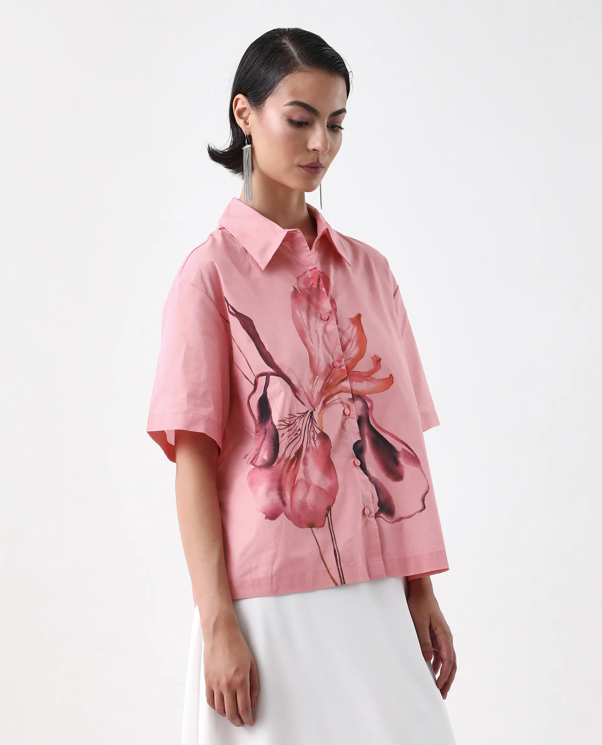 Rareism Women's Businge Dusky Pink Cotton Spread Collar Abstract Print Boxy Fit Shirt - Image 5