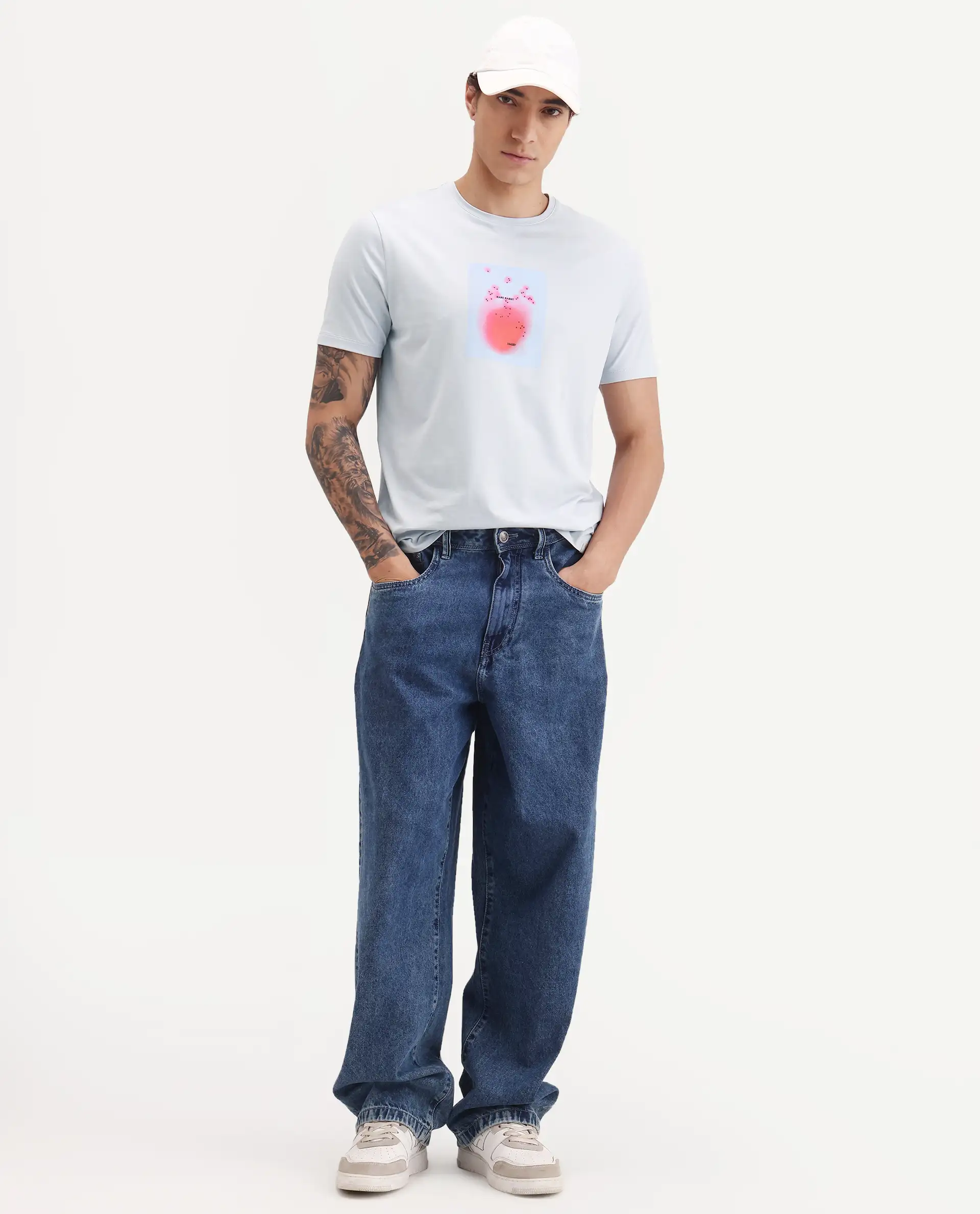 Rare Rabbit Men's Buv Light Blue Cotton Blend Fabric Half Sleeve Crew Neck Regular Fit Graphic Print T-Shirt - Image 2