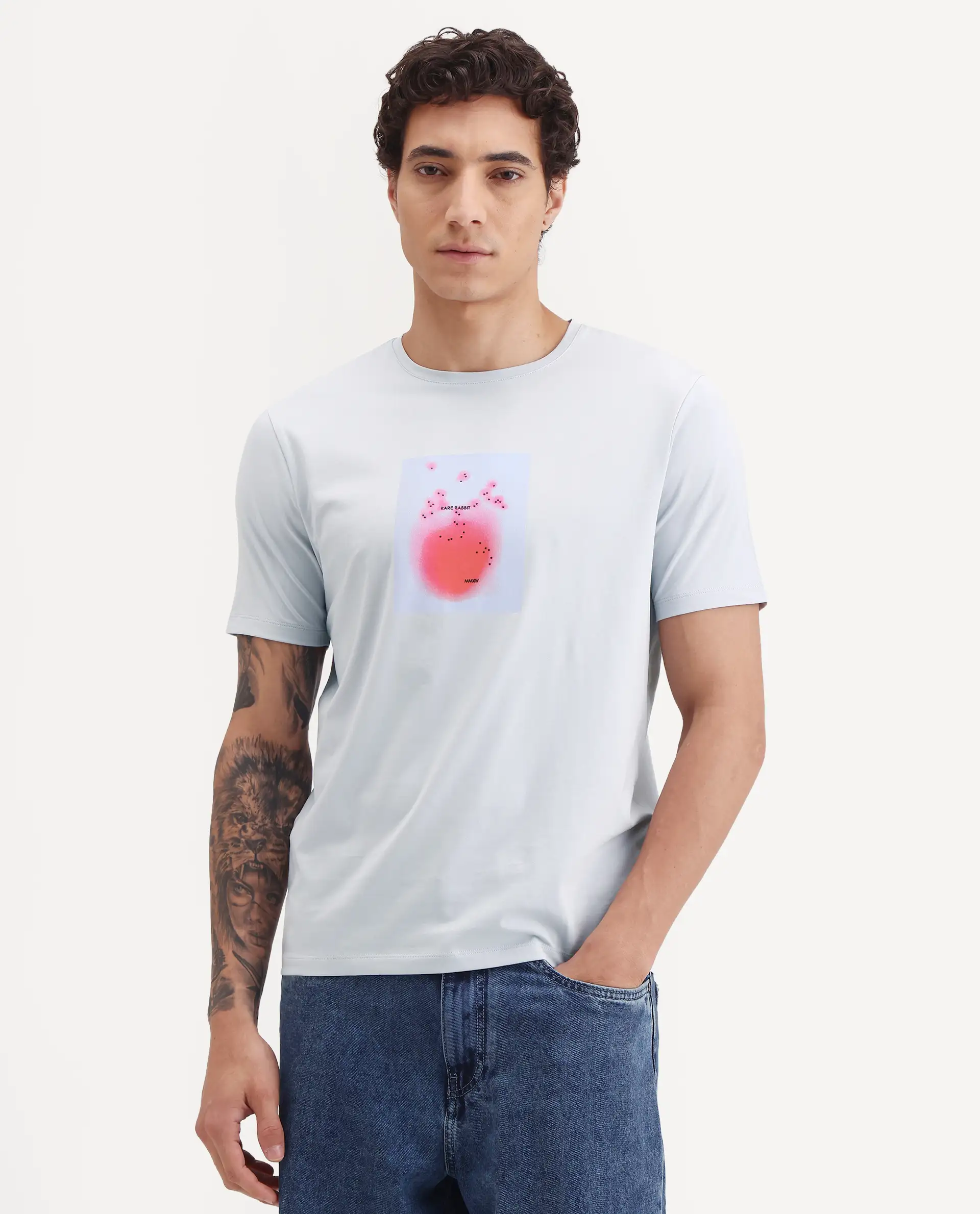 Rare Rabbit Men's Buv Light Blue Cotton Blend Fabric Half Sleeve Crew Neck Regular Fit Graphic Print T-Shirt - Image 4