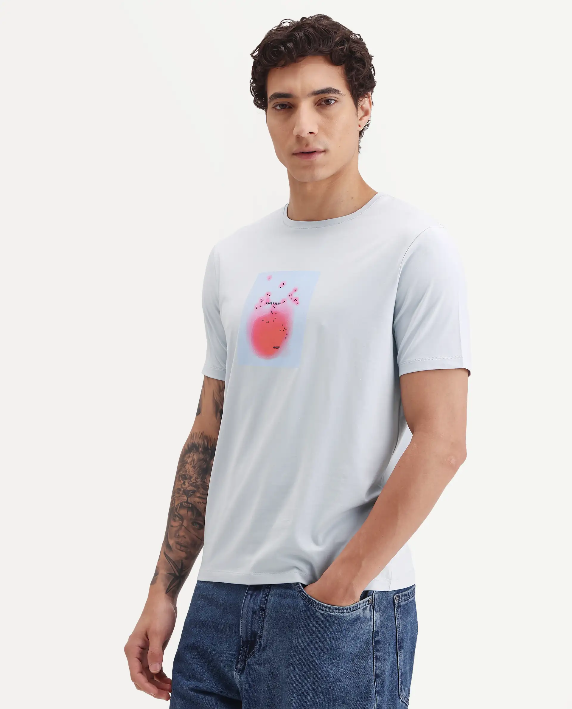 Rare Rabbit Men's Buv Light Blue Cotton Blend Fabric Half Sleeve Crew Neck Regular Fit Graphic Print T-Shirt - Image 5