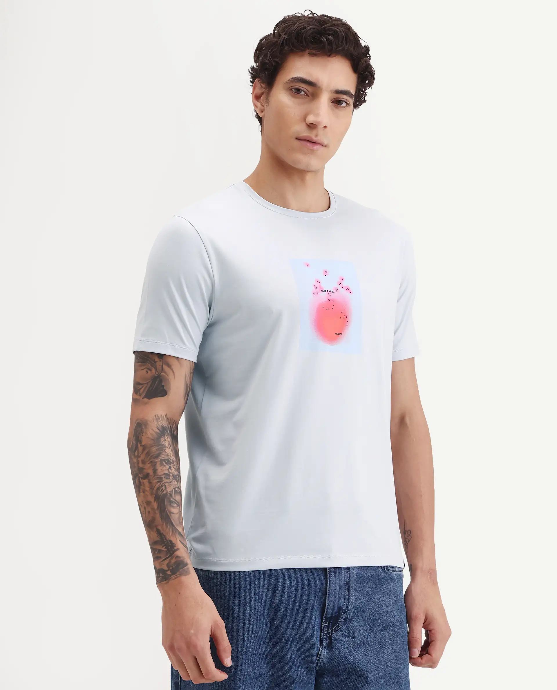 Rare Rabbit Men's Buv Light Blue Cotton Blend Fabric Half Sleeve Crew Neck Regular Fit Graphic Print T-Shirt - Image 6