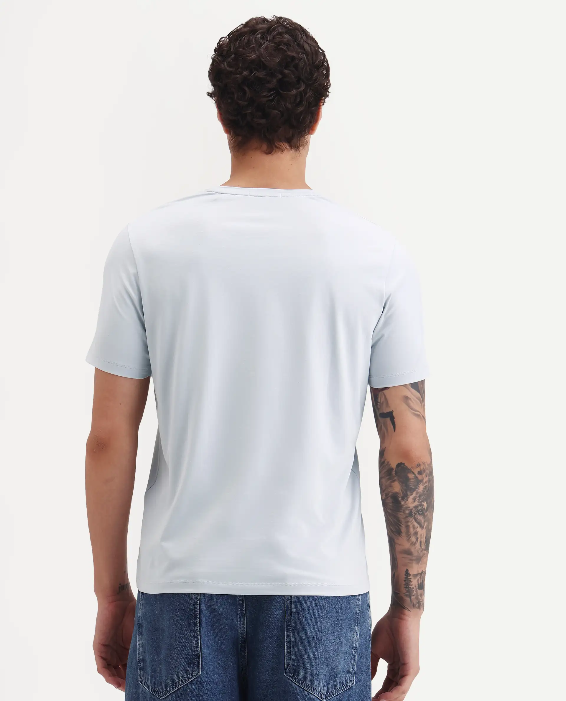 Rare Rabbit Men's Buv Light Blue Cotton Blend Fabric Half Sleeve Crew Neck Regular Fit Graphic Print T-Shirt - Image 7