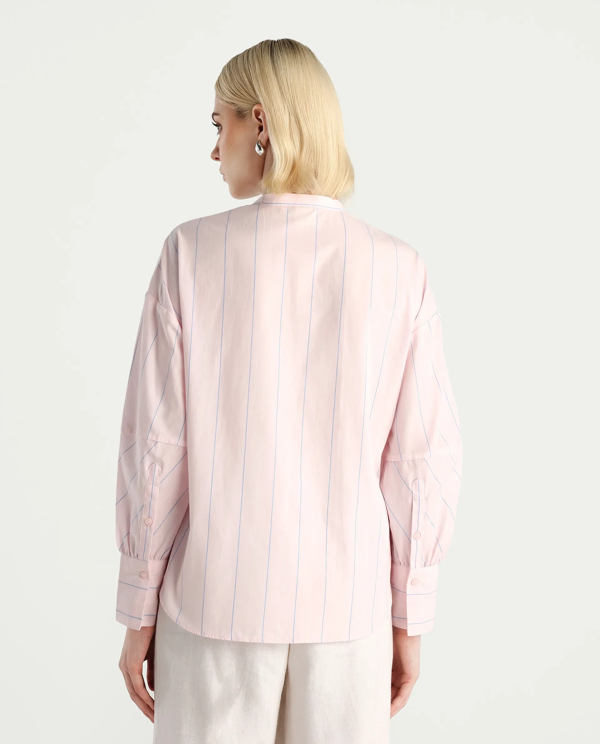 Rareism Women's Buvo Pastel Pink Cotton Volume Sleeve Mandarin Collar Boxy Fit Shirt - Image 2