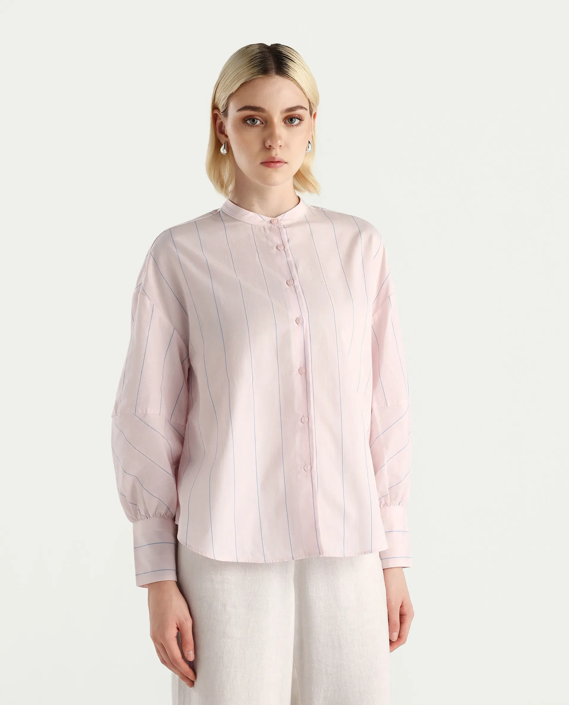Rareism Women's Buvo Pastel Pink Cotton Volume Sleeve Mandarin Collar Boxy Fit Shirt - Image 3