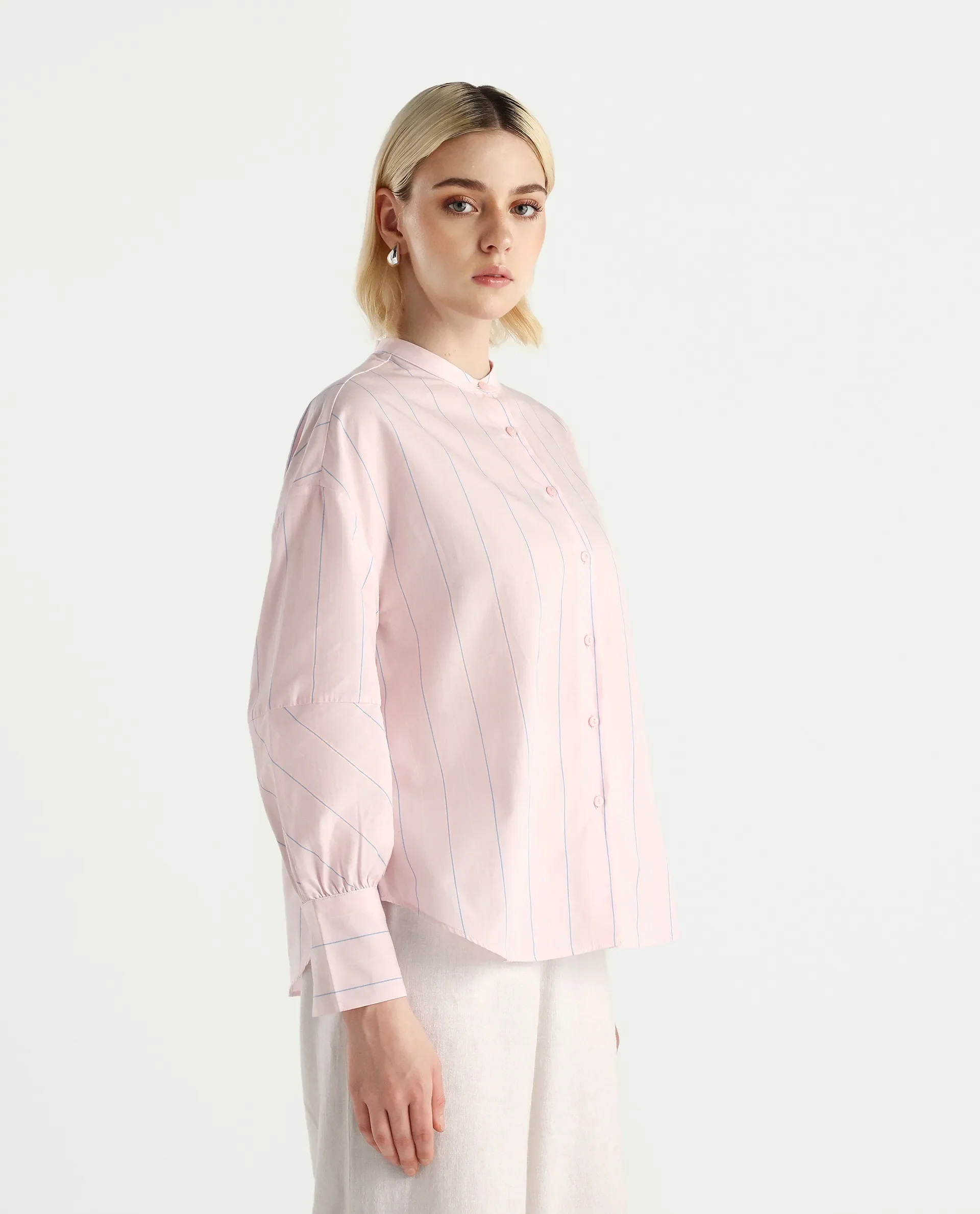 Rareism Women's Buvo Pastel Pink Cotton Volume Sleeve Mandarin Collar Boxy Fit Shirt - Image 4