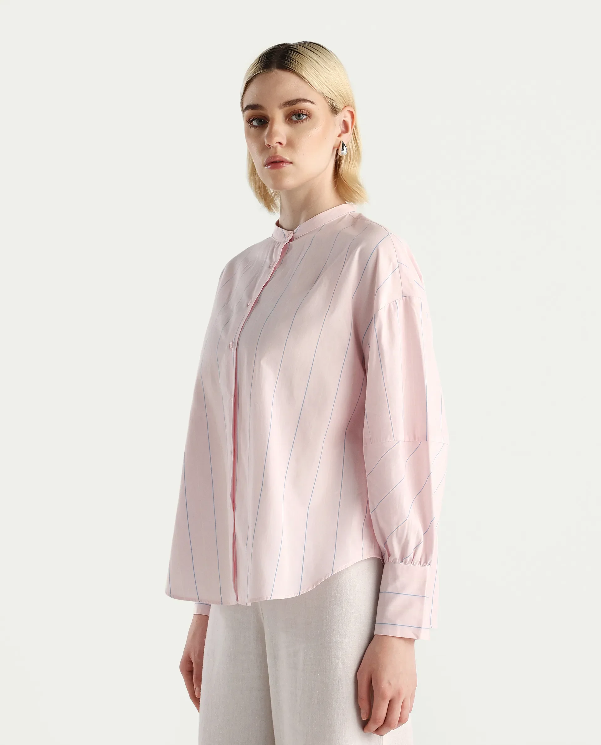Rareism Women's Buvo Pastel Pink Cotton Volume Sleeve Mandarin Collar Boxy Fit Shirt - Image 5