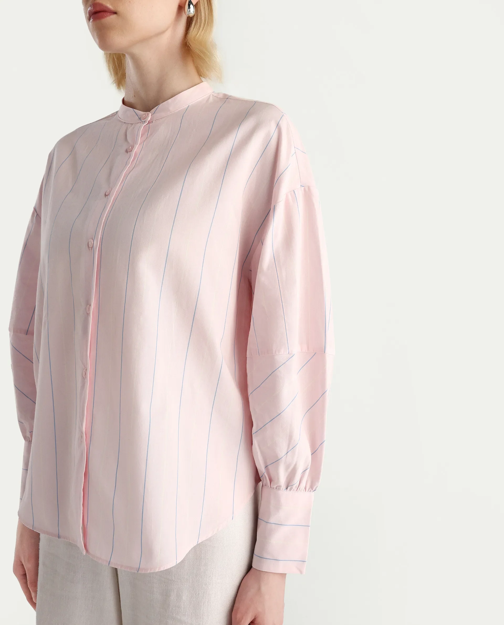 Rareism Women's Buvo Pastel Pink Cotton Volume Sleeve Mandarin Collar Boxy Fit Shirt - Image 6