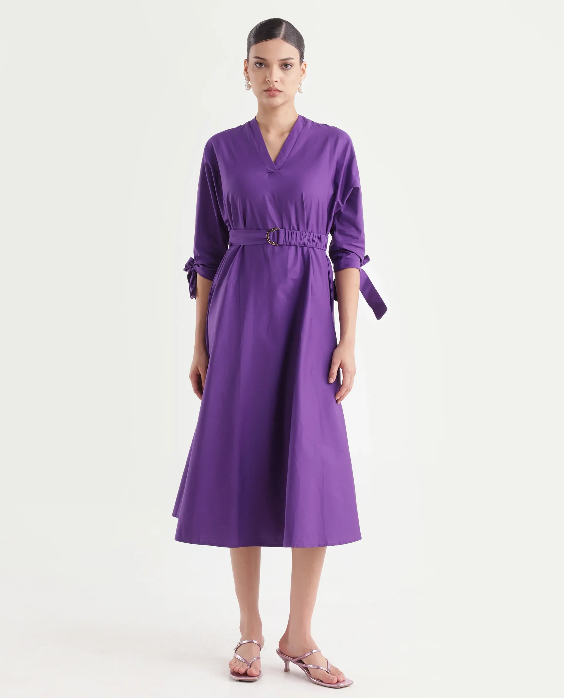Rareism Women's Buyn Purple Cotton Blend V-Neck Plain Tie Up Sleeve Midi Flared Dress - Image 2
